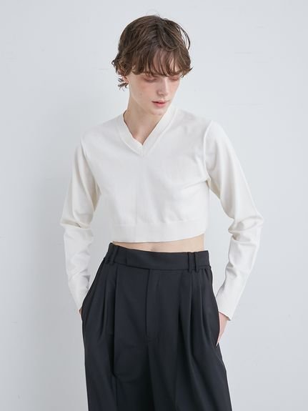 MIESROHE シルク混ショート丈Vネックニット【ウォッシャブル】 ミースロエ トップス ニット ホワイト ネイビー【送料無料】のサムネイル