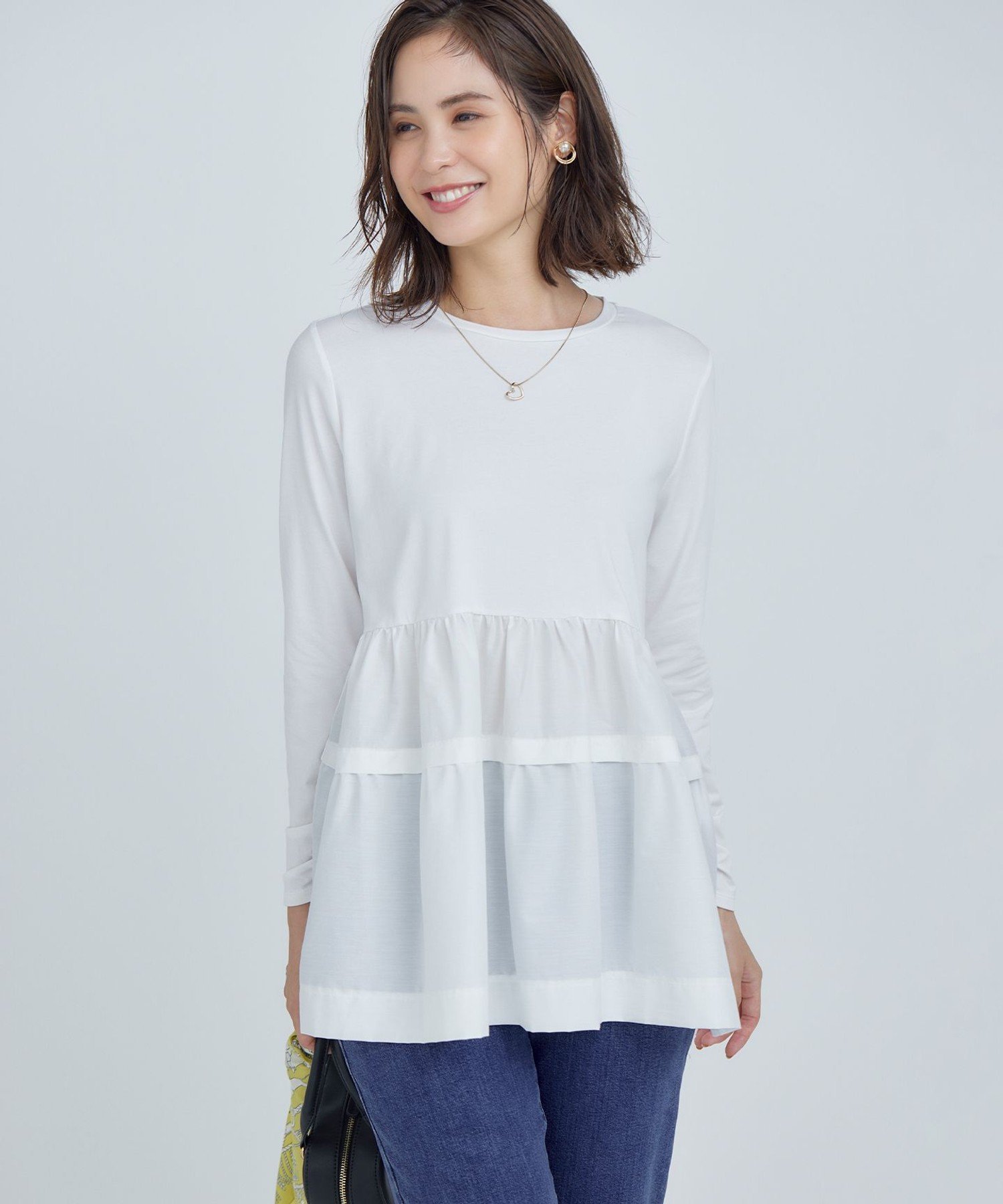 【SALE／30%OFF】組曲 ストレッチ天竺ティアード ロングTシャツ クミキョク トップス カットソー・Tシャツ ホワイト【送料無料】のサムネイル