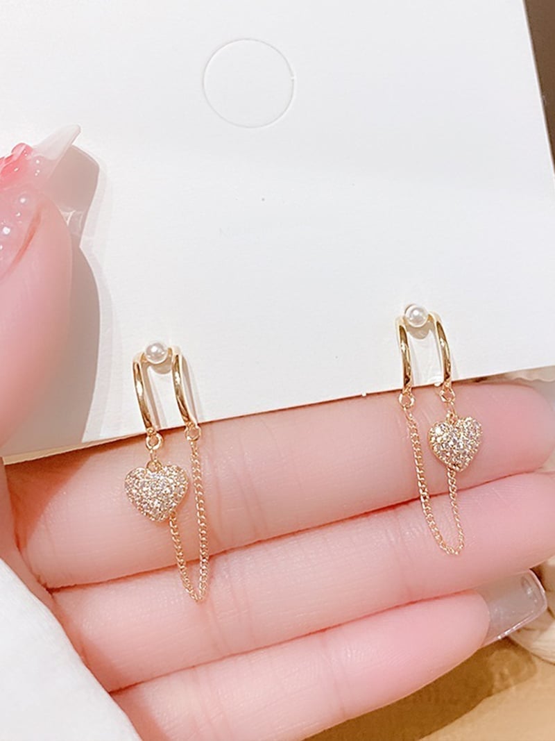 ハート×チェーンデザインピアス スレンダー アクセサリー・腕時計 ピアス ゴールド