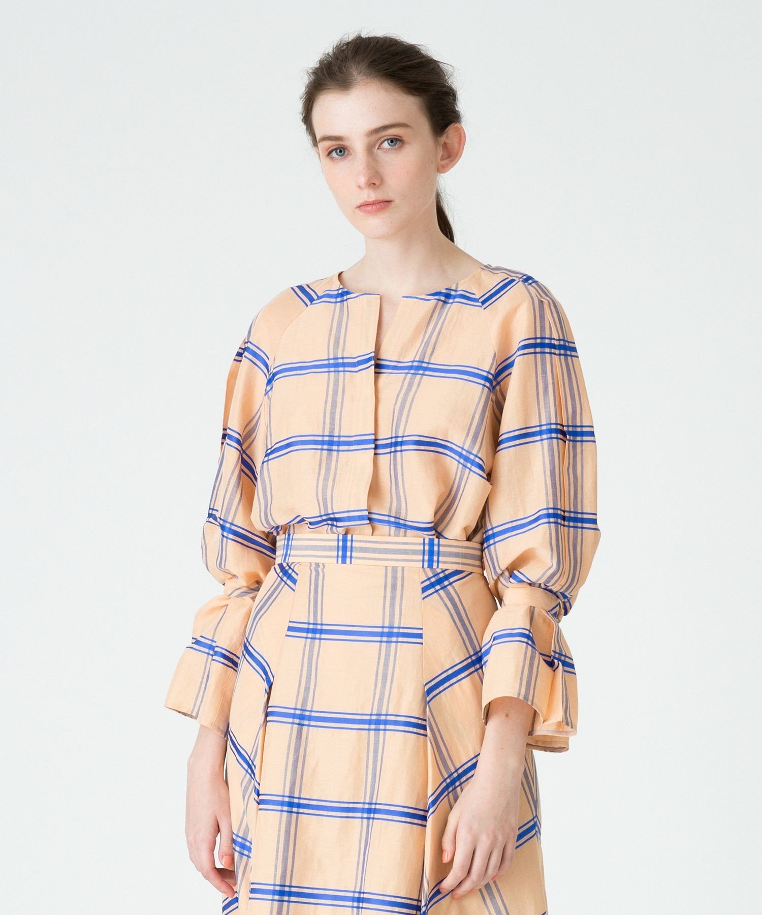 【SALE／50%OFF】allureville MANTECOリネンチェックブラウス アルアバイル トップス その他のトップス オレンジ ブルー【送料無料】のサムネイル