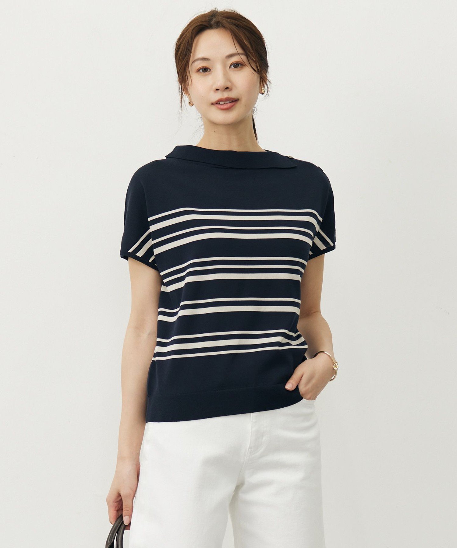J.PRESS LADIES L 【WEB限定カラーあり・洗える・抗菌防臭】COTTON POLYESTER ボーダー 襟付き ニット ジェイプレス トップス ニット ネイビー ブラウン