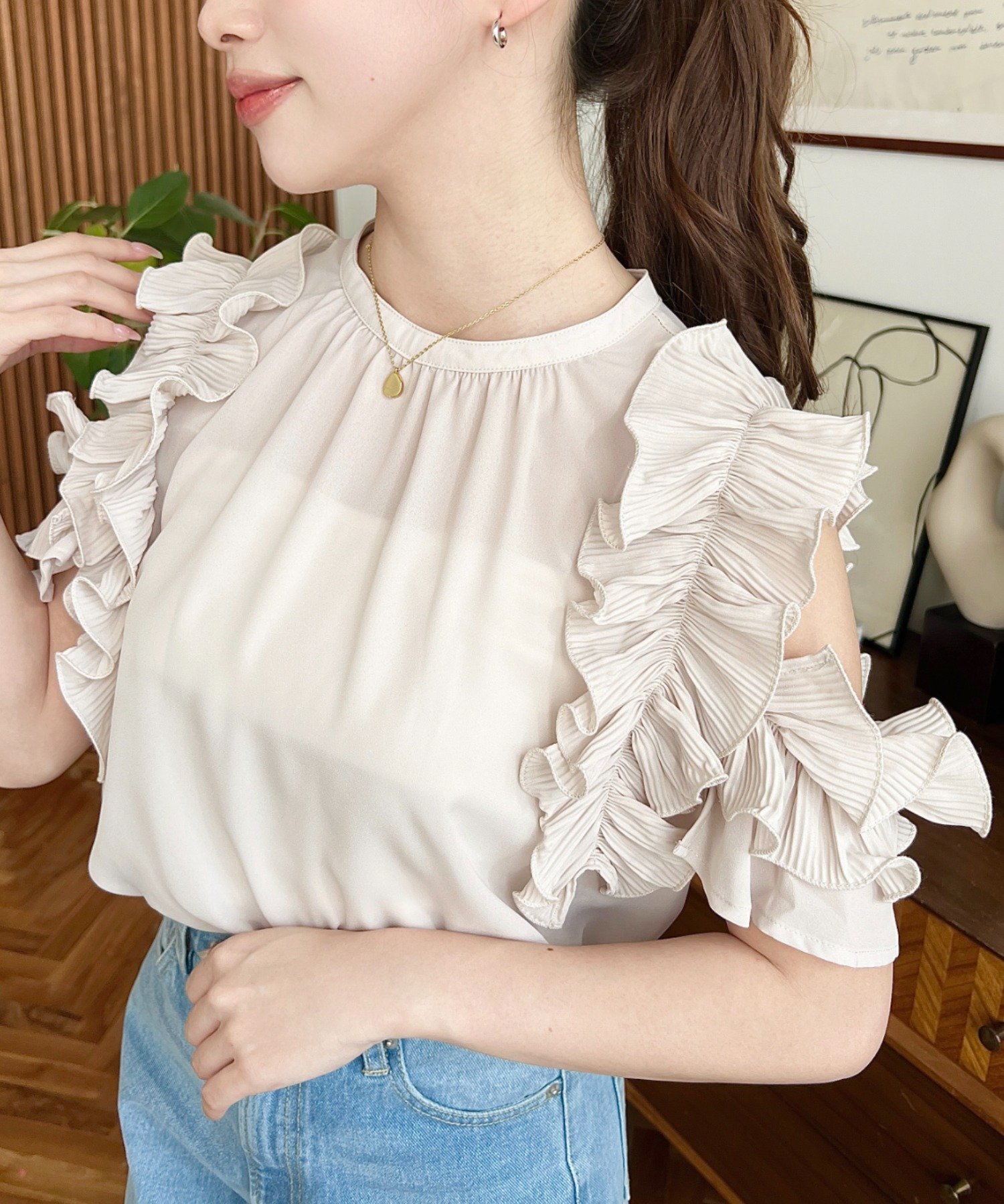 moment+ シフォンジョーゼットバックリボン袖フリルブラウス モーメントプラス トップス シャツ・ブラウス ブルー ブラック ベージュ ホワイト ピンク【送料無料】のサムネイル