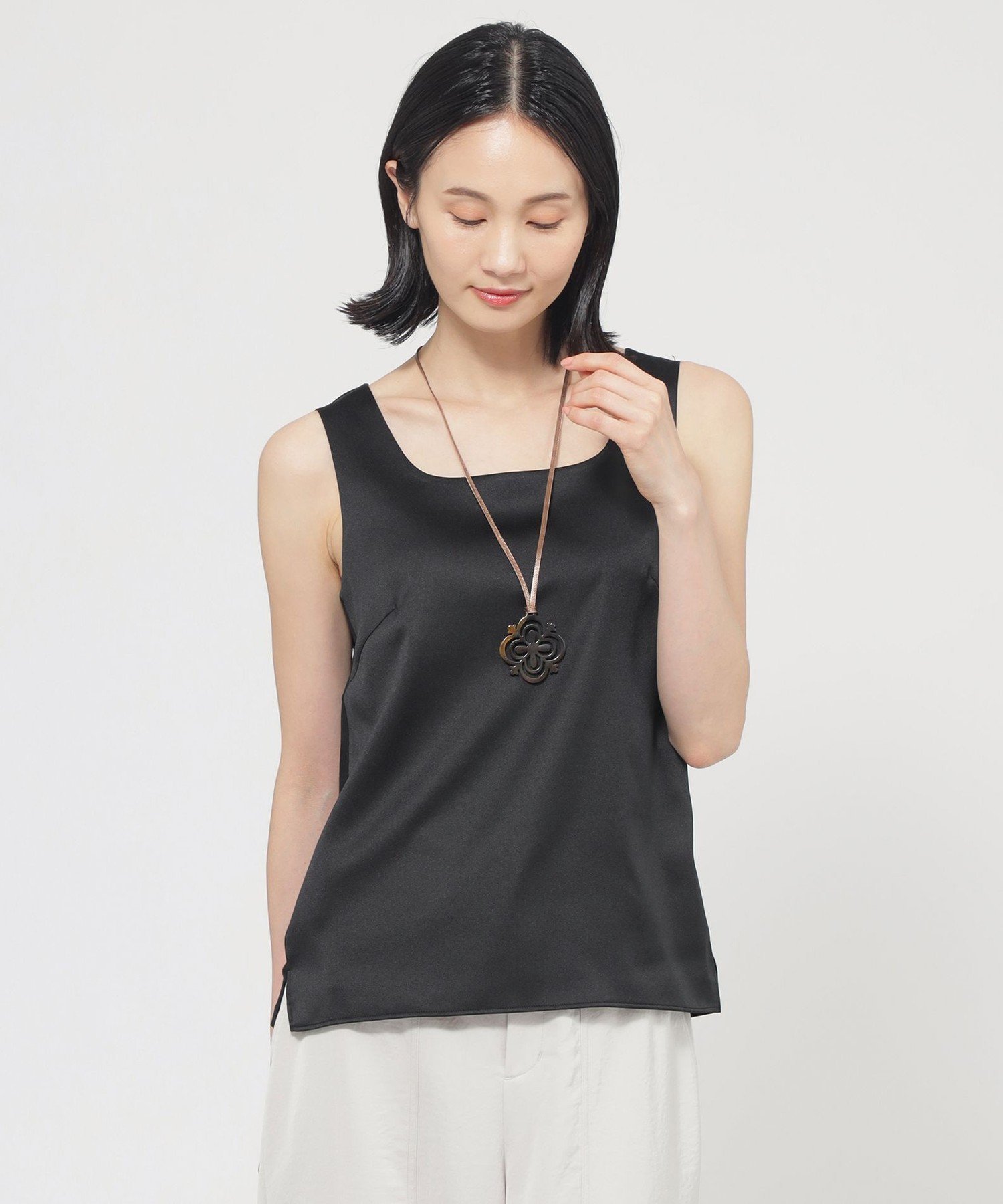 TRANS WORK 【ウォッシャブル】ストレッチサテンコンビタンクトップ トランスワーク トップス カットソー・Tシャツ ブラック ホワイト