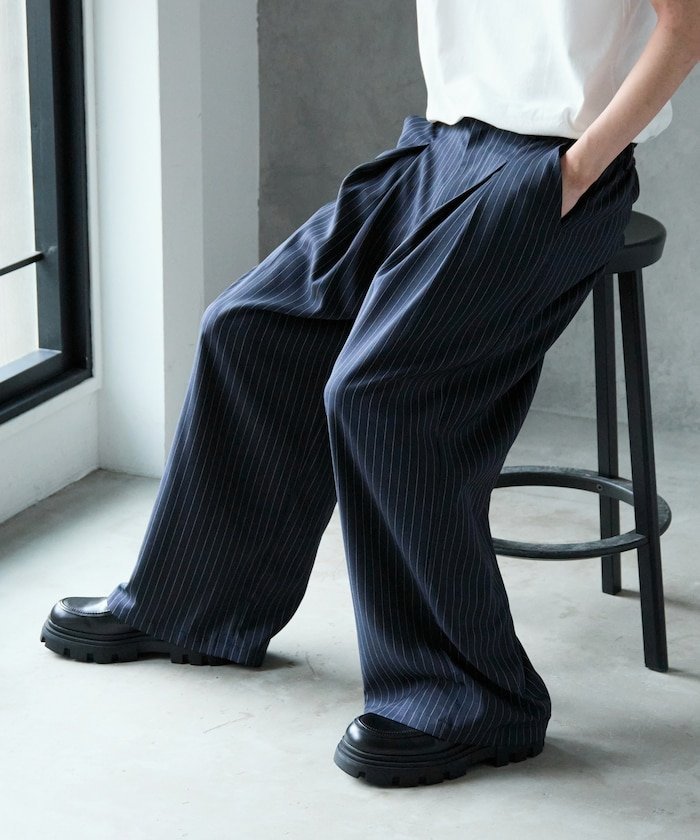 【SALE／21%OFF】PUBLUX タックワイドスラックス/スラックスパンツ/ストライプ【限定展開】 25SS フリークスストア パンツ スラックス・ドレスパンツ ブラック グレー ネイビー【送料無料】