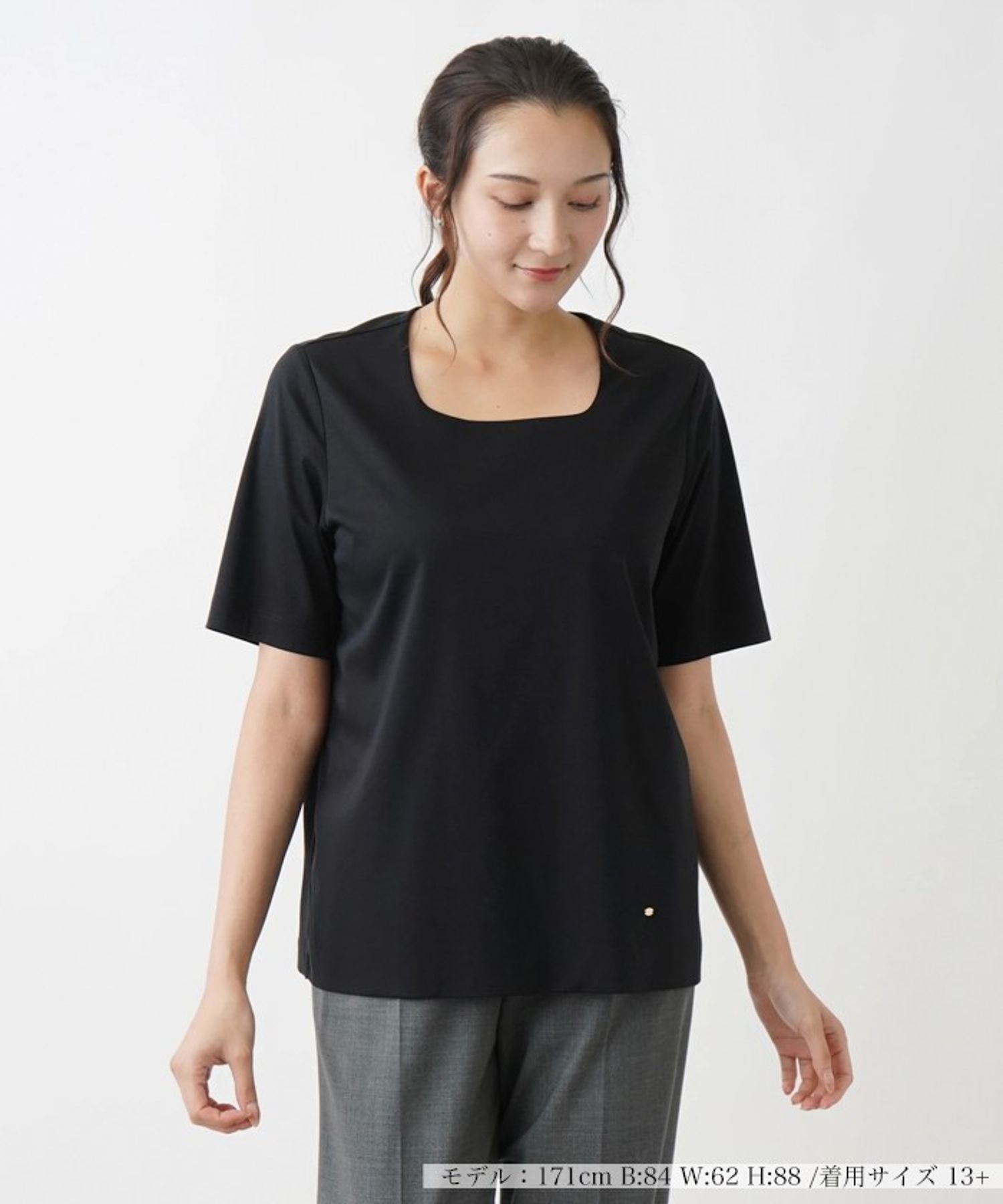 Leilian PLUS HOUSE スクエアネックTシャツ レリアン プラスハウス トップス カットソー・Tシャツ ホワイト ブラック