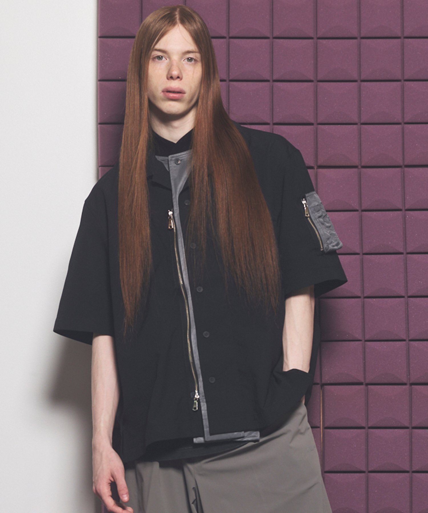 MAISON SPECIAL Layering MA-1 Docking Prime-Over Open Collar Short Sleeve Shirt メゾンスペシャル トップス シャツ・ブラウス ブラック グレー【送料無料】