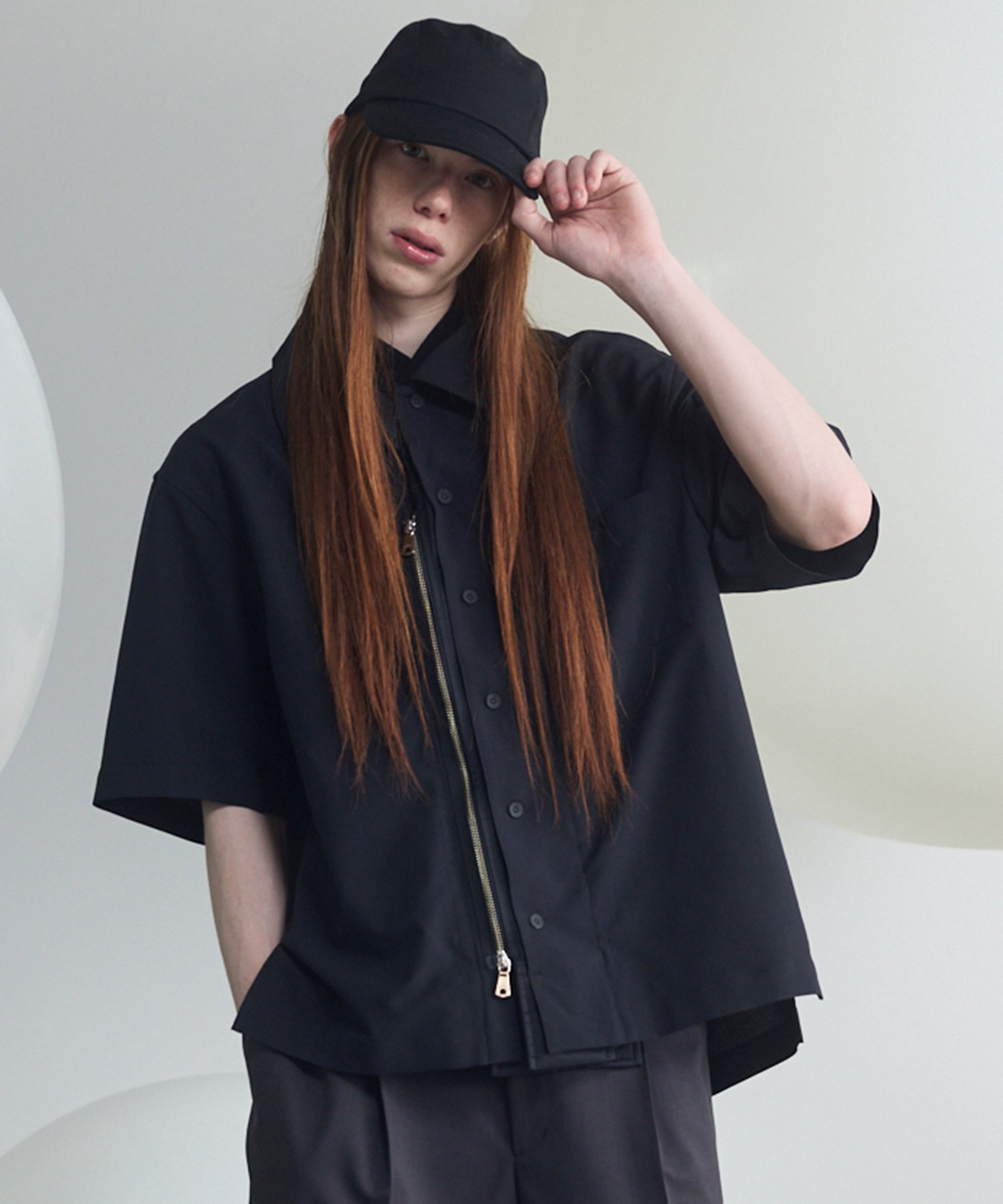 MAISON SPECIAL Layering MA-1 Docking Prime-Over Open Collar Short Sleeve Shirt メゾンスペシャル トップス シャツ・ブラウス ブラック グレー