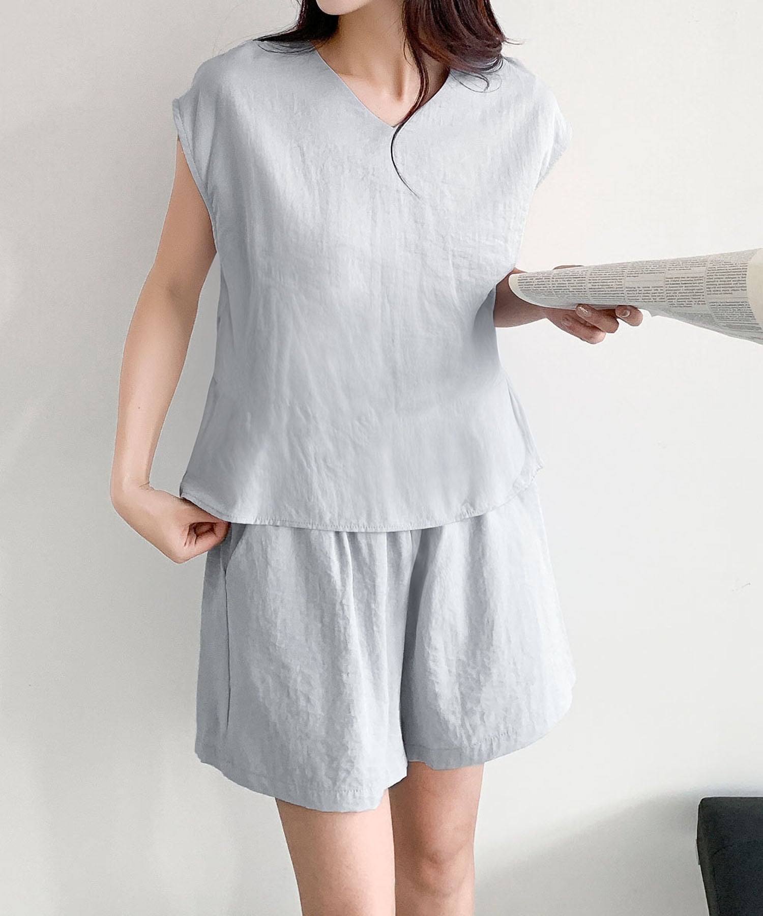 LOWO リネンタッチ・ショートパンツセットアップ リバーフィールド アンド コー トップス カットソー・Tシャツ ブラック