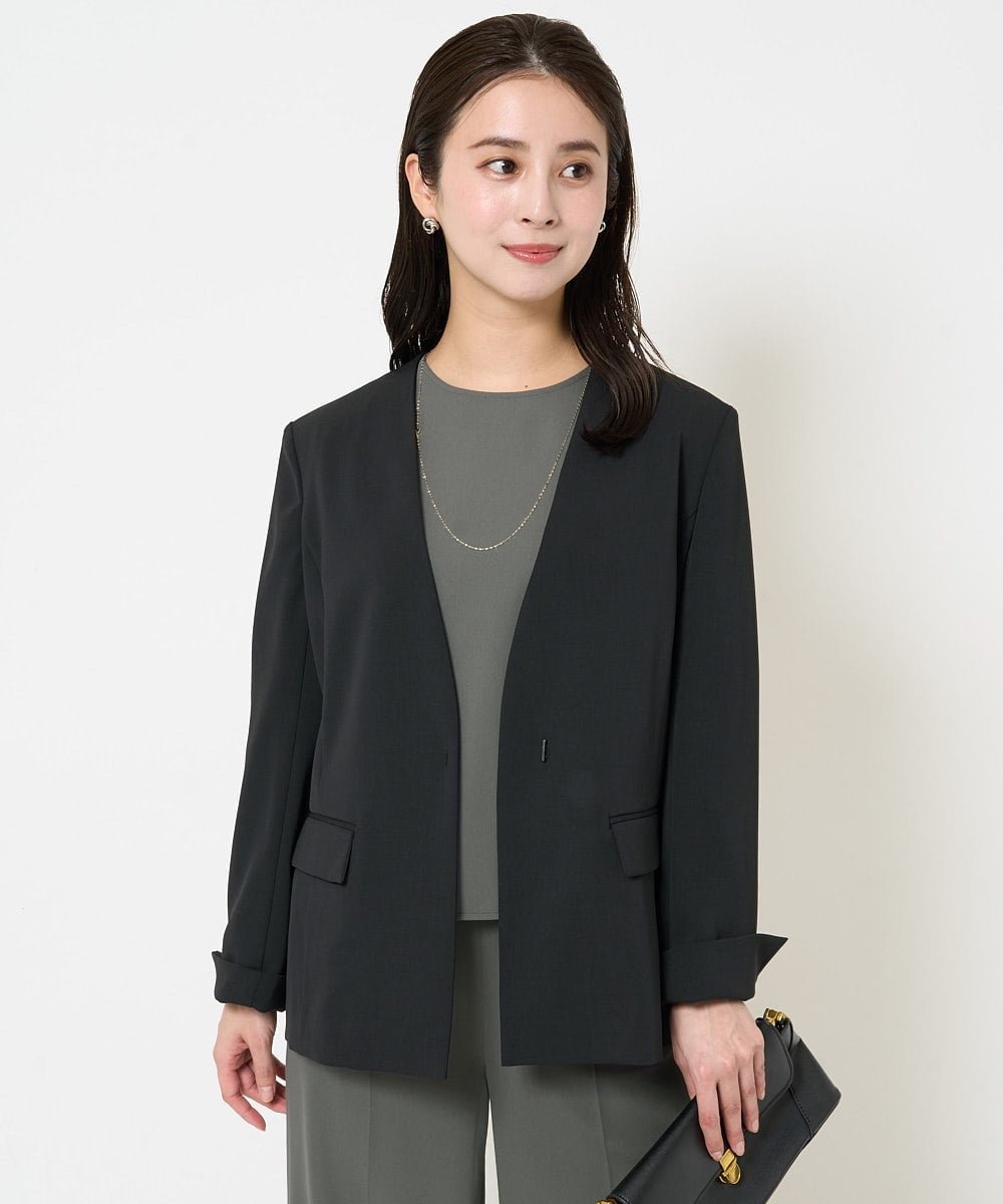MICHEL KLEIN（小さいサイズ） [小さいサイズ]ツイルノーカラージャケット(多機能素材/セットアップ対応/洗える) メゾンドゥサンク ジャケット・アウター ノーカラージャケット ブラック