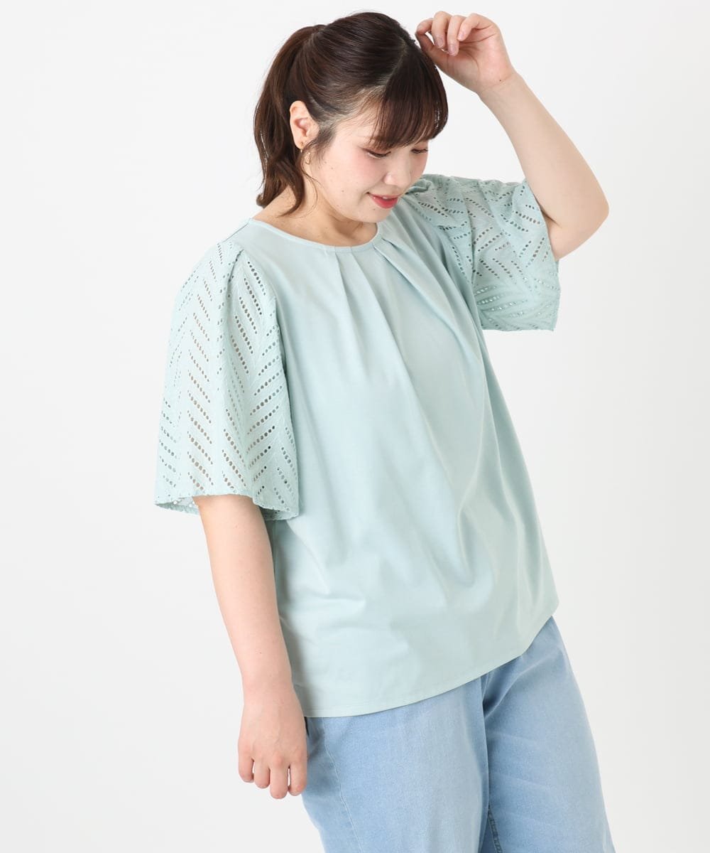 【大きいサイズ/a.v.v*eur3】リーフレーススリーブトップス エウルキューブ トップス カットソー・Tシャツ ブラック ホワイト
