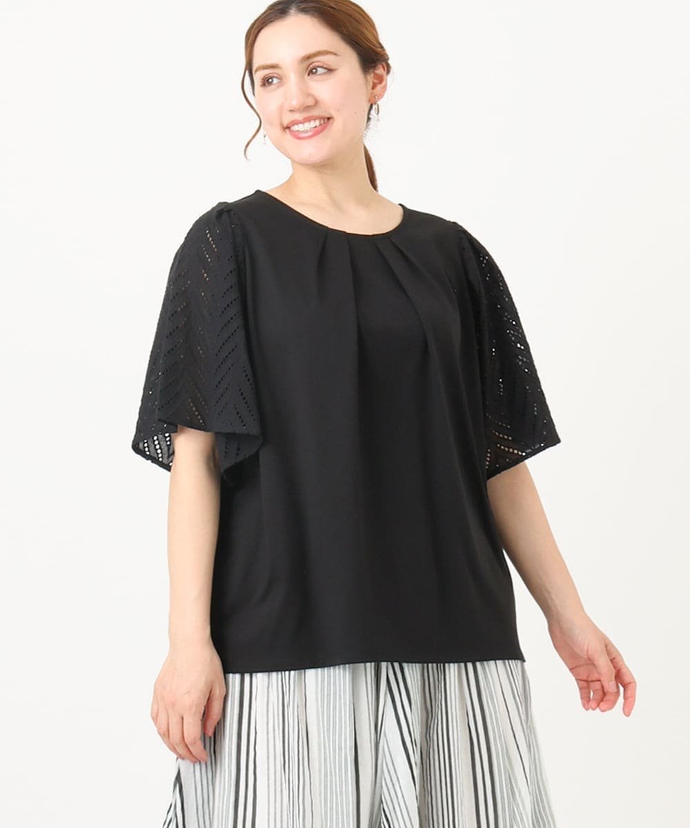 【大きいサイズ/a.v.v*eur3】リーフレーススリーブトップス エウルキューブ トップス カットソー・Tシャツ ブラック ホワイト