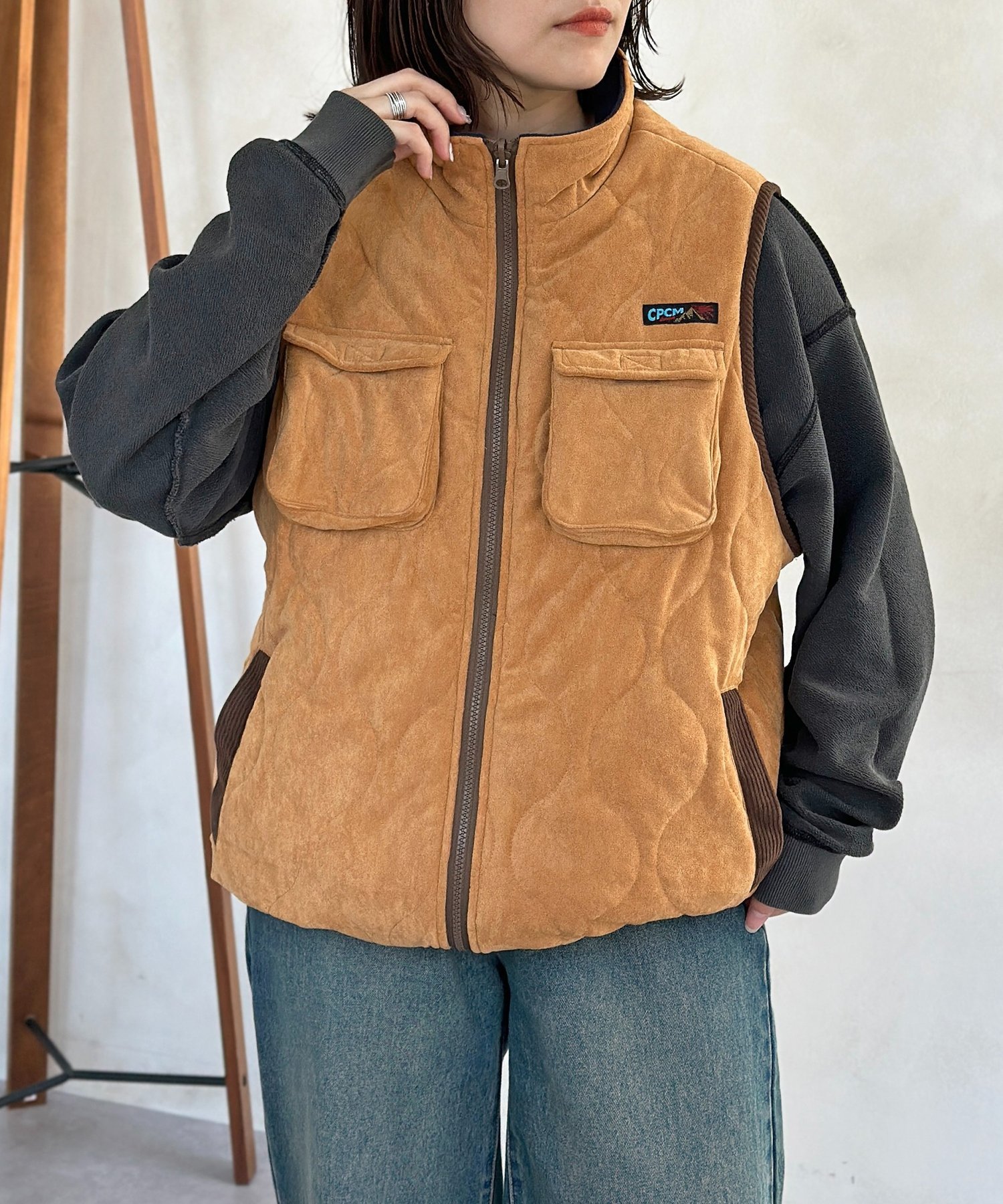 CPCM リバーシブルキルトベスト シーピーシーエム トップス ベスト・ジレ ベージュ カーキグリーン ブラック【送料無料】