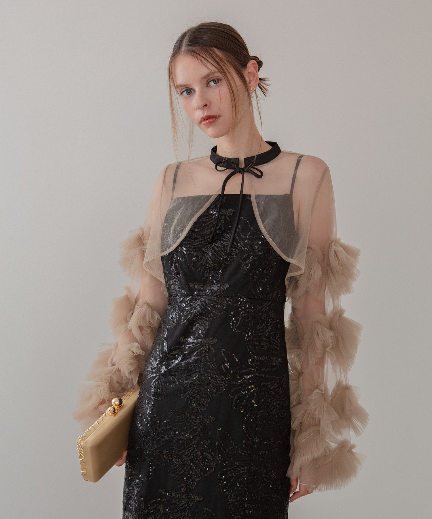 Leja Leja-フリルチュールスリーブリボンIラインワンピースドレス結婚式 レジャ ワンピース・ドレス ドレス ブラック グレー ブルー【送料無料】