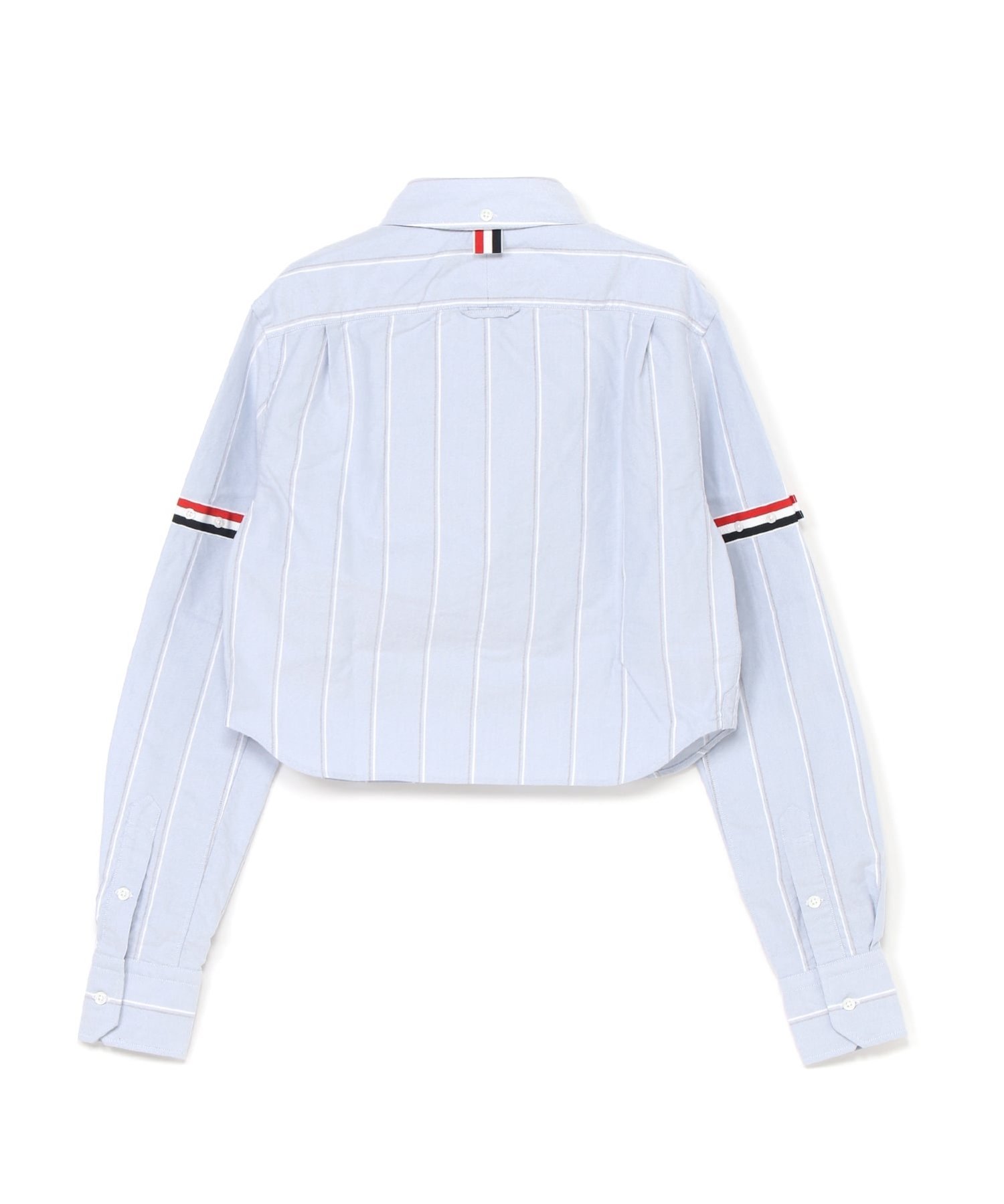 THOM BROWNE CROPPED BUTTON DOWN POINT COLLAR SHIRT W/ARMBANDS IN SHADOW STRIPE OXFORD トムブラウン トップス シャツ・ブラウス ホワイト ブルー【送料無料】
