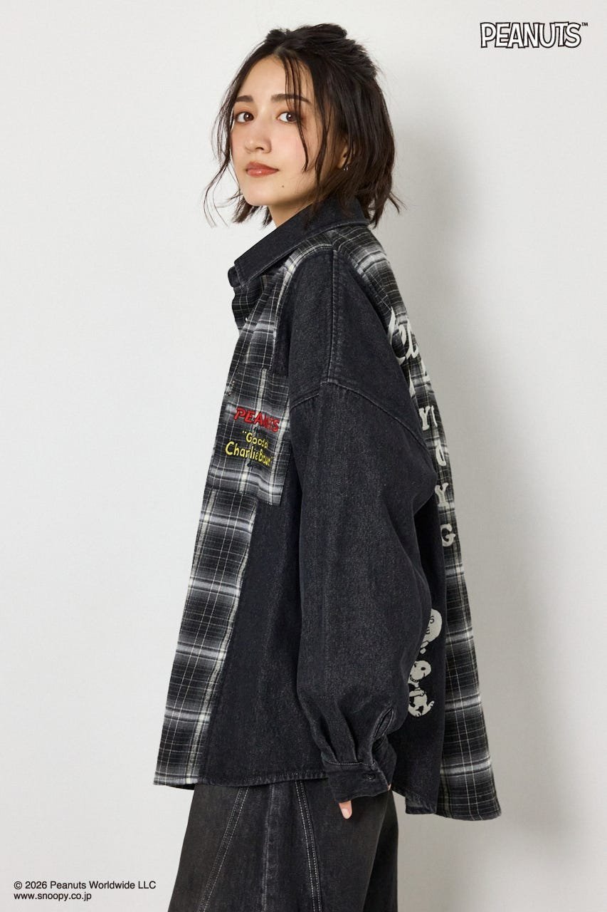 RODEO CROWNS WIDE BOWL 【UNISEX】(PEANUTS)チェック*デニムドッキングシャツ ロデオクラウンズワイドボウル トップス シャツ・ブラウス ブラック