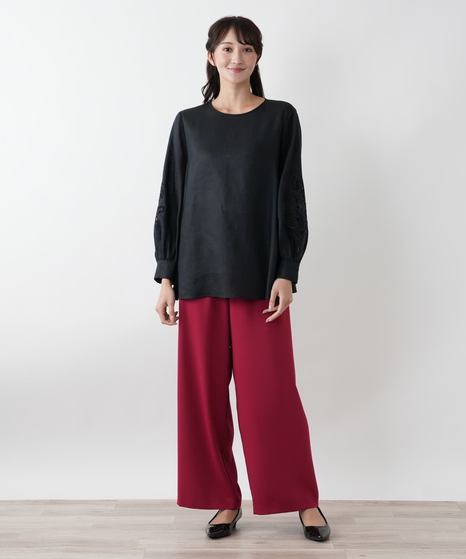 Leilian PLUS HOUSE 刺繍バルーンスリーブブラウス【プラス企画】 レリアン プラスハウス トップス シャツ・ブラウス ブラック イエロー