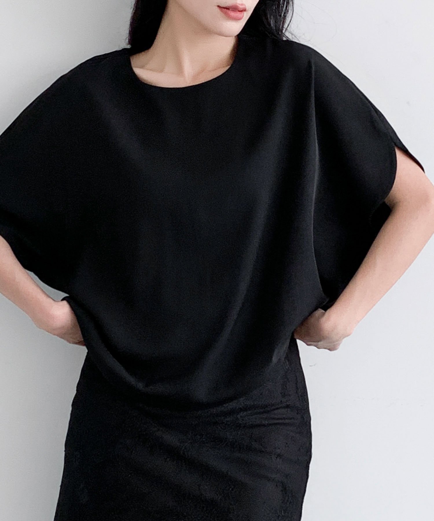LOWO とろみ素材ワイドドルマンスリーブ半袖プルオーバーカットソー リバーフィールド アンド コー トップス カットソー・Tシャツ ブラック