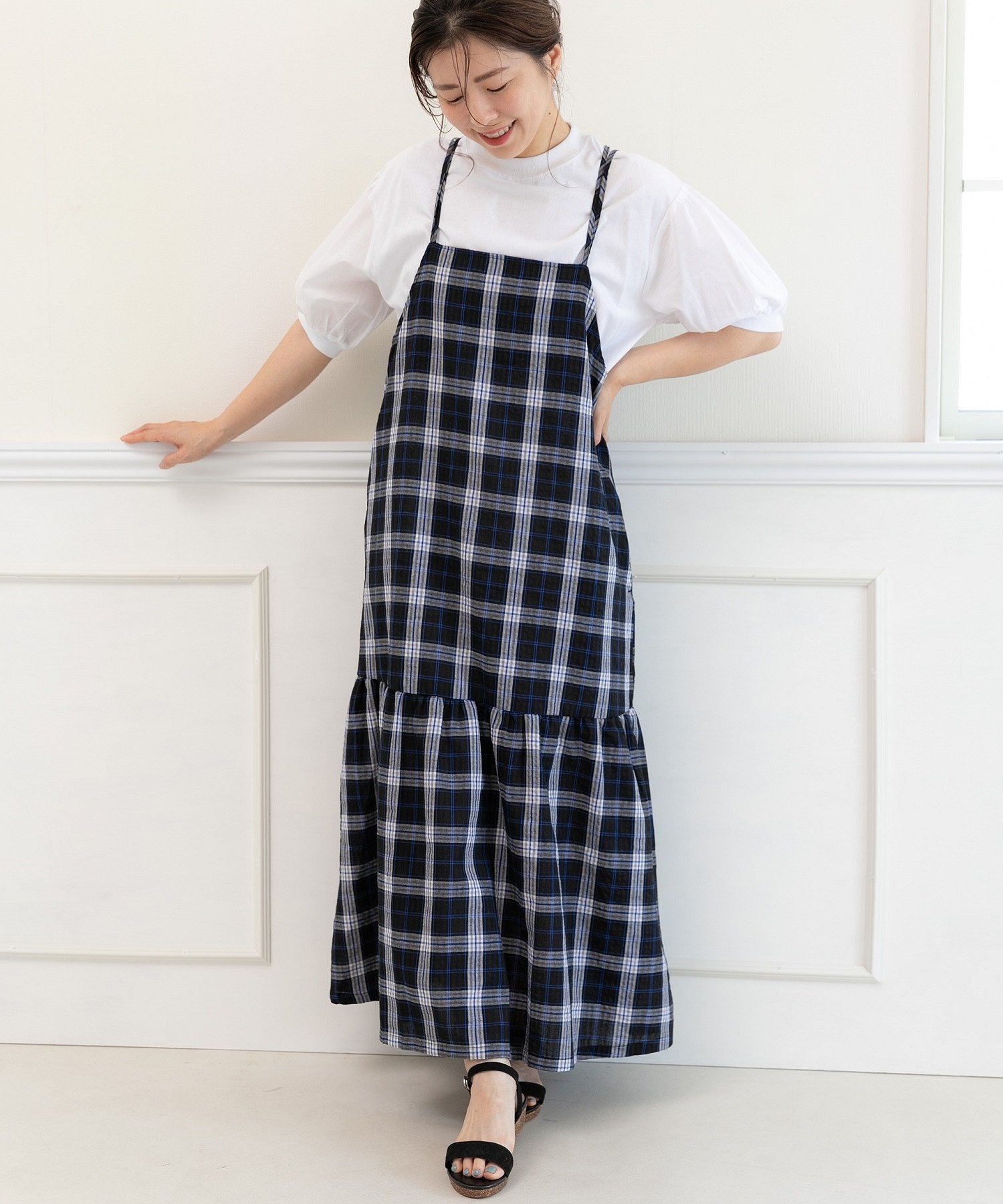 【SALE／70%OFF】PREFERIR ダブルストラップチェックキャミワンピース プレフェリ...