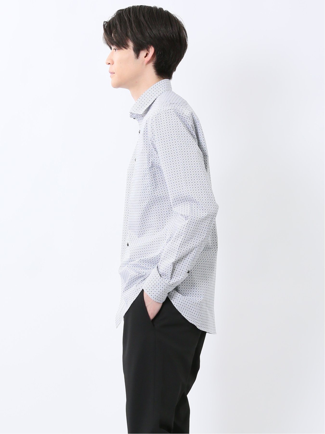 【SALE／50%OFF】TAKA-Q ストレッチ プリント ワイドカラー長袖シャツ タカキュー トップス シャツ・ブラウス ホワイト