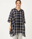 eur3 【大きいサイズ】シアーチェックシャツチュニック エウルキューブ ワンピース・ドレス チュニック ネイビー【送料無料】