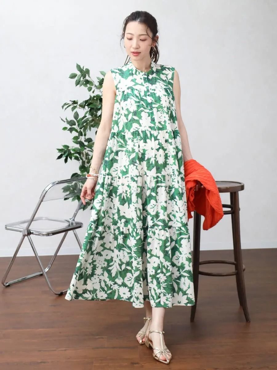 【SALE／39%OFF】Vin ノースリーブフラワーティアードワンピース ヴァン ワンピース・ドレス その他のワンピース・ドレス グリーン グレー【送料無料】