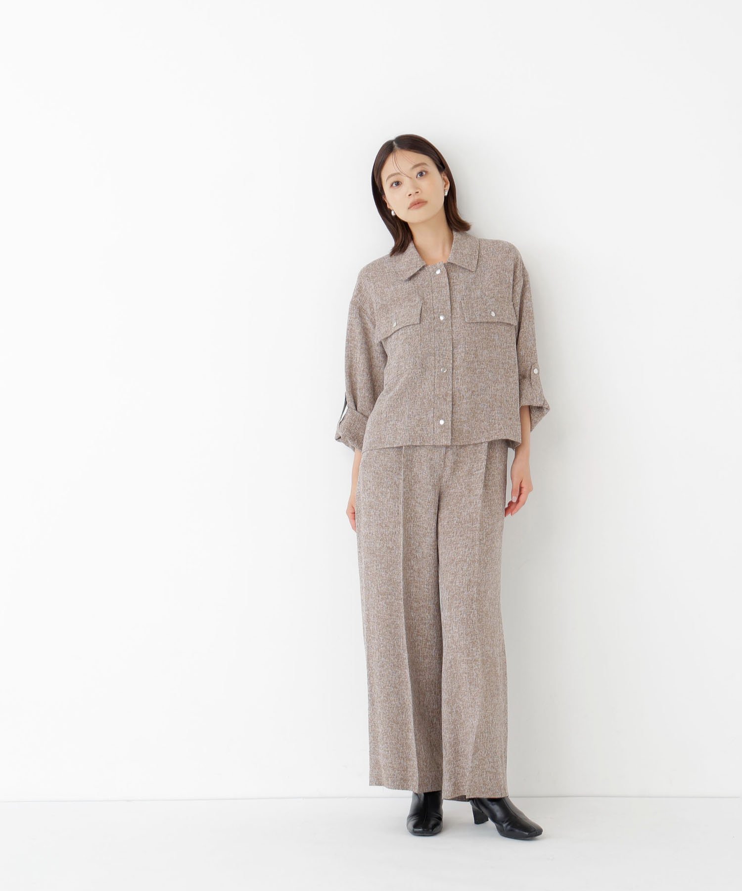 NATURAL BEAUTY BASIC カラミ調シャツハオリ SETUP パンツ ナチュラルビューティベーシック パンツ その他のパンツ ブラウン グレー