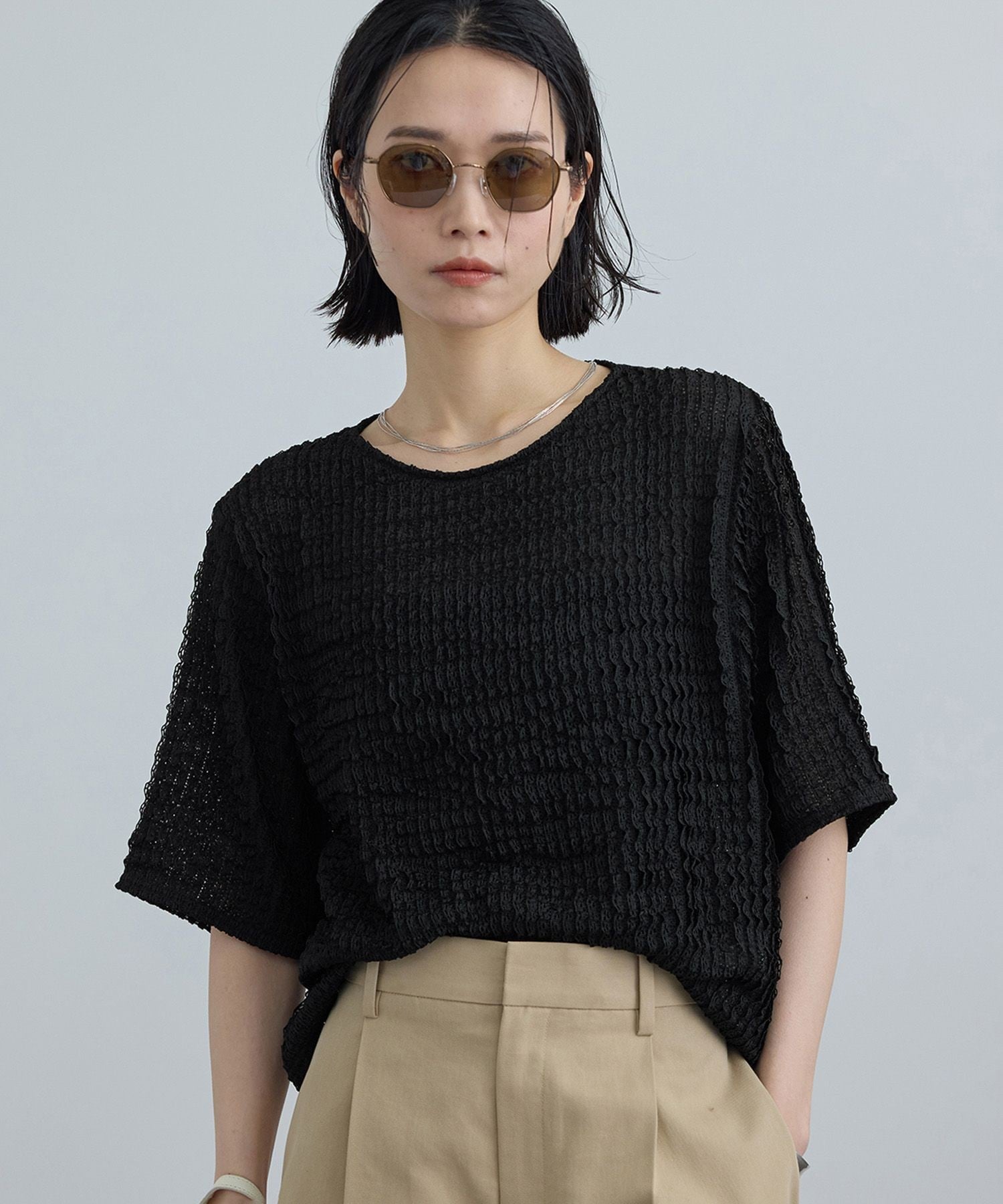 SALON adam et rope' 【WEB限定】ティアードラッセルシアーTシャツ サロン アダム エ ロペ トップス カットソー・Tシャツ ブルー ブラック ホワイト