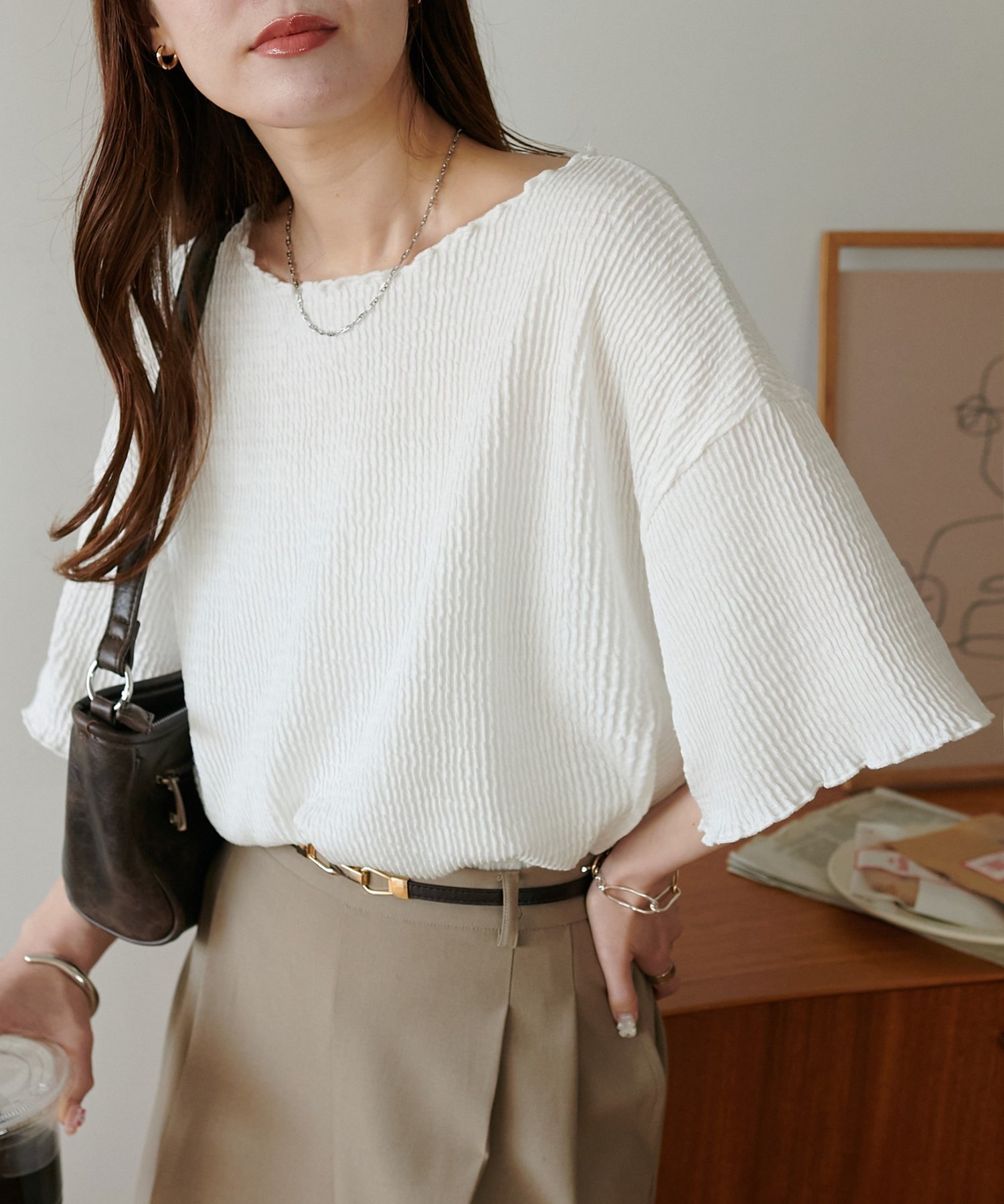 【SALE／60%OFF】Discoat 変形リブメロー5分袖 ディスコート トップス カットソー・Tシャツ ブラック グレー ピンク ホワイトのサムネイル