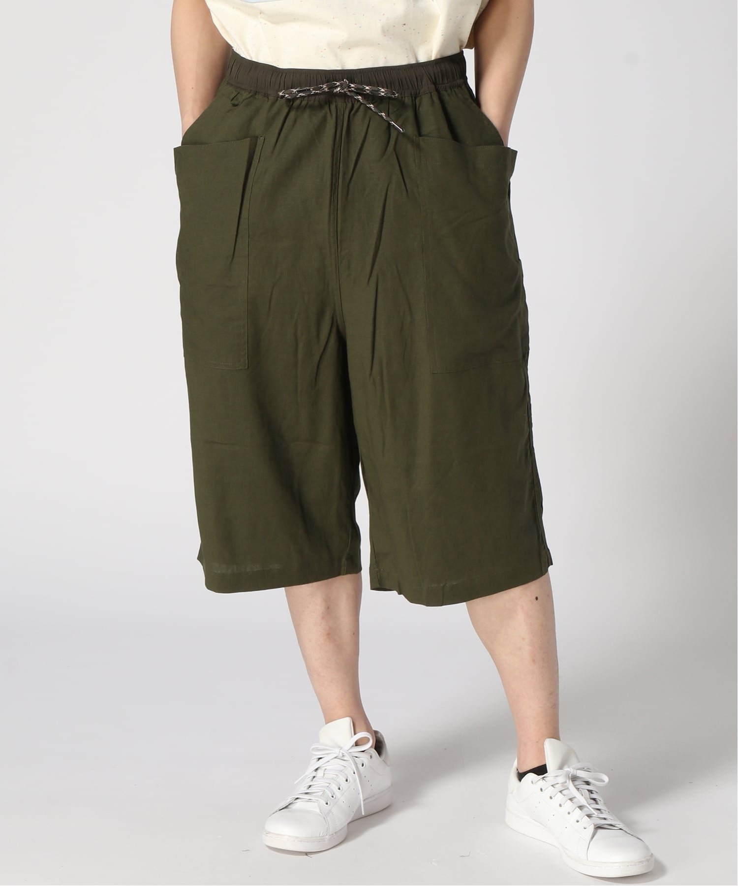 gym master gym master/(U)麻レーヨンガーデニングクロップドパンツ ジムマスター パンツ その他のパンツ ブラック ネイビー ベージュ カーキグリーン グリーン