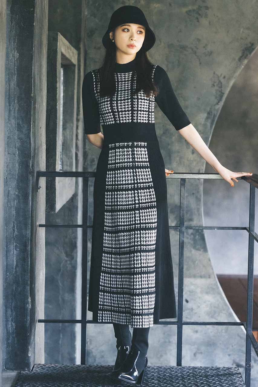 rienda 2WAY千鳥柄フレアKnit OP リエンダ ワンピース・ドレス ワンピース ピンク ブラック ブラウン【送料無料】のサムネイル