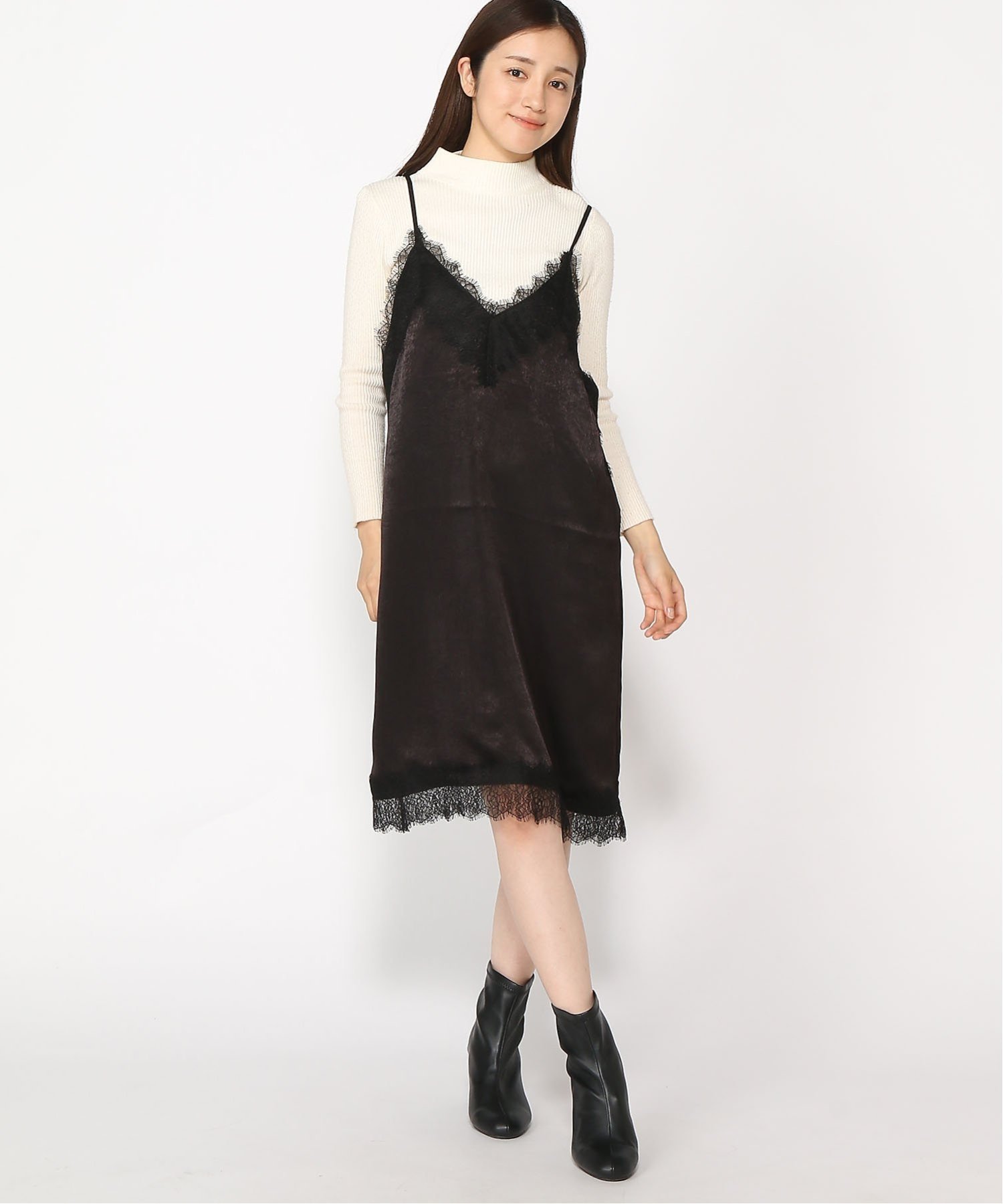 【SALE／68%OFF】LOWRYS FARM (W)サテンレースキャミワンピース ローリーズファーム ワンピース・ドレス ワンピース グレー ブラックのサムネイル