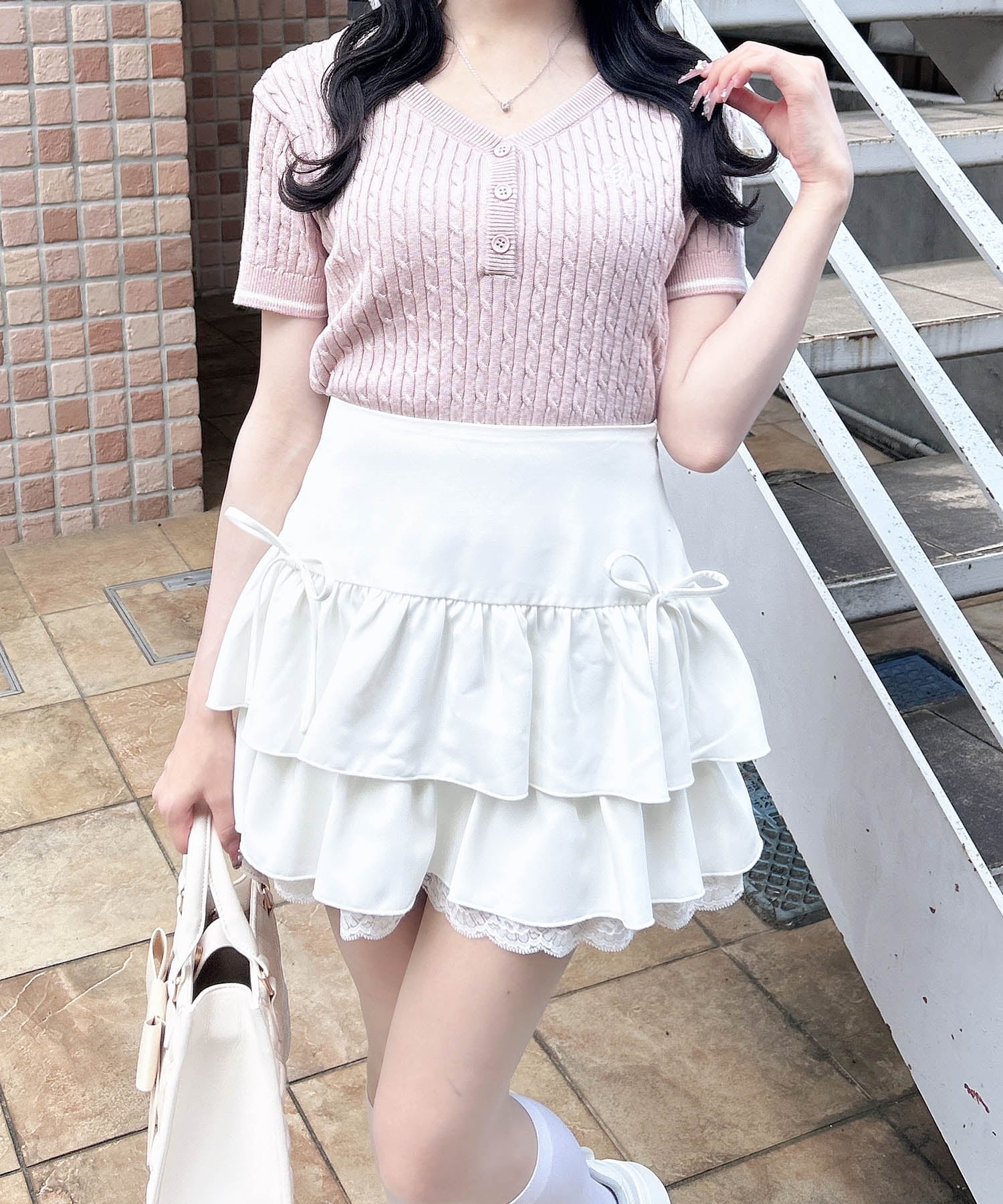 INGNI 12Gケーブル柄ヘンリースキッパー半袖ニット イング トップス ニット ピンク ネイビー ホワイト