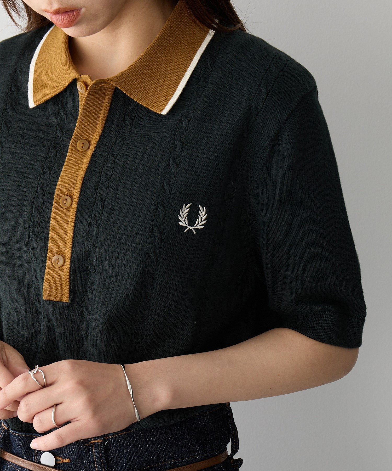 FRED PERRY/CABLE KNIT SHIRT K3312/フレッドペリー ニットポロシャツ カセットチャート トップス ポロシャツ ネイビー グリーン