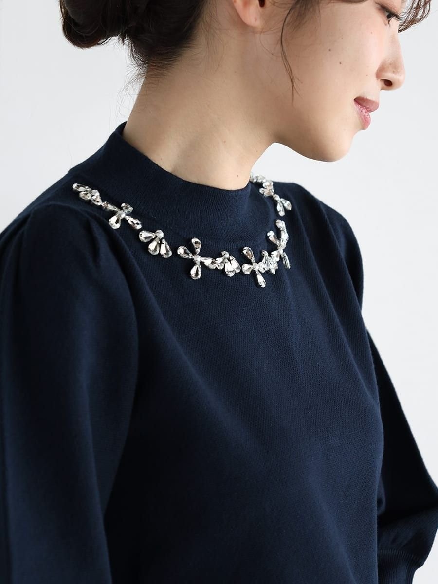 【SALE／60%OFF】Vin フラワービジューネックニット ヴァン トップス ニット ネイビー【送料無料】