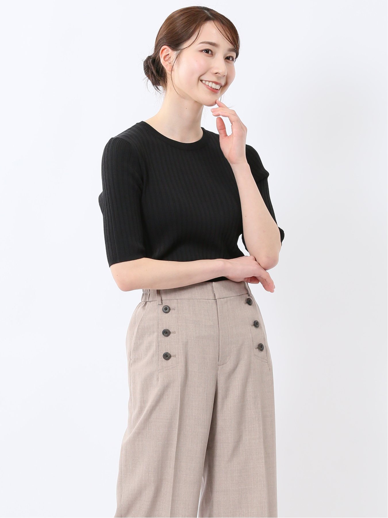 【SALE／50%OFF】m.f.editorial 快適機能 リブ クルーネック 半袖ニット タカキュー トップス ニット ホワイト