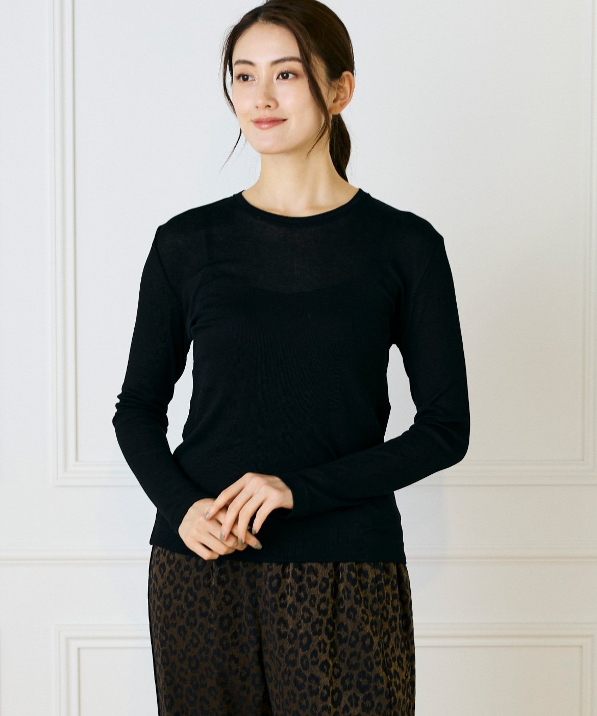 Le Souk シアーテレコ ロングTシャツ イネド トップス カットソー・Tシャツ ホワイト ブラック ブルー