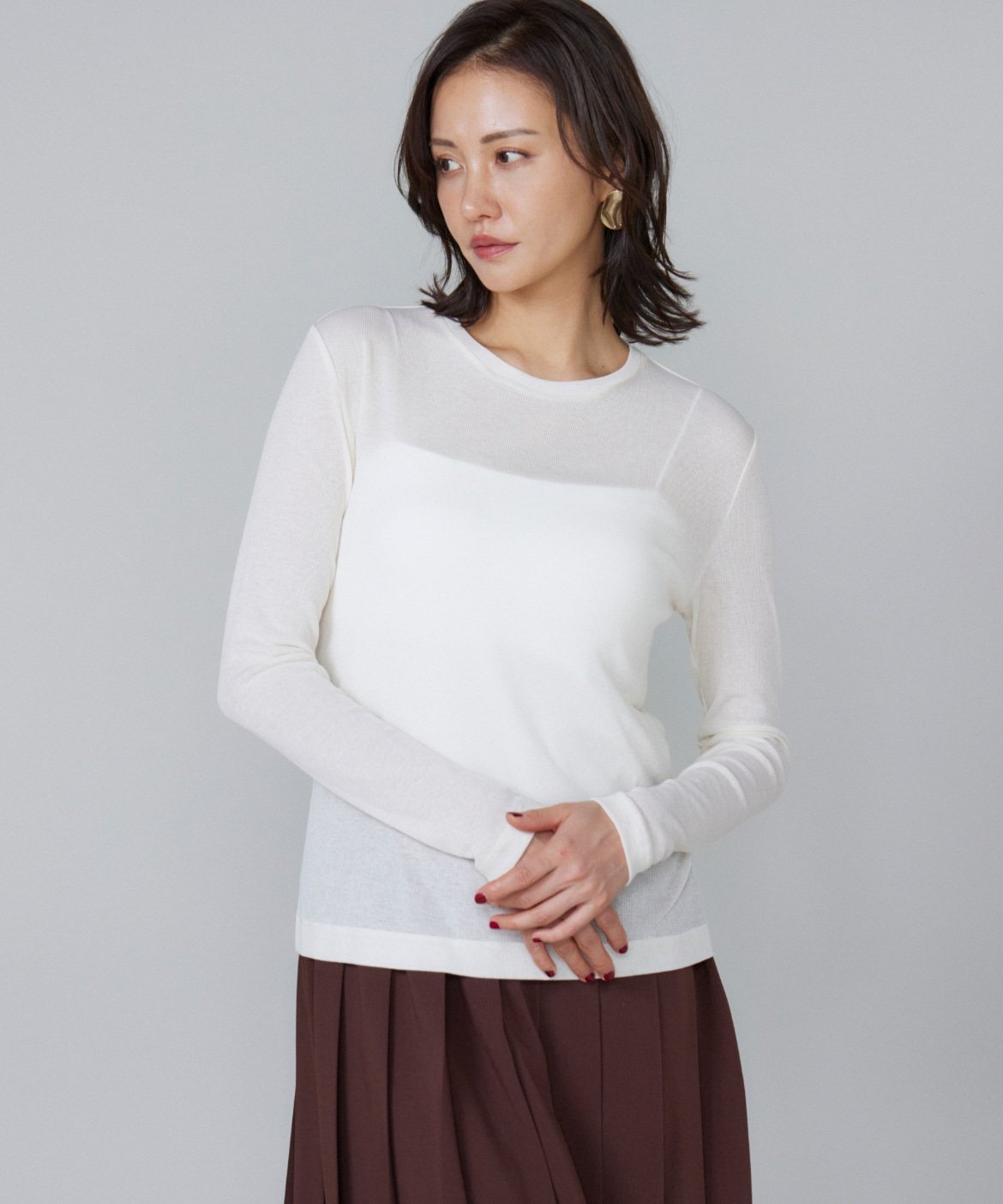 Le Souk シアーテレコ ロングTシャツ イネド トップス カットソー・Tシャツ ホワイト ブラック ブルー