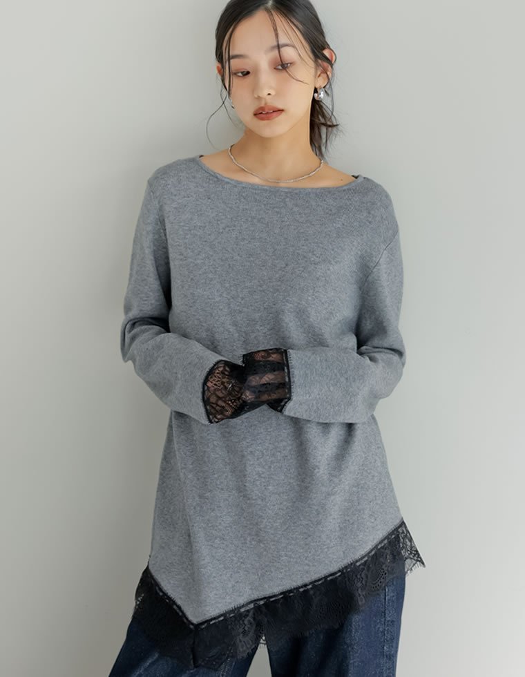 Re:EDIT アシンメトリーレースヘムニットトップス リエディ トップス ニット ブラック グレー ホワイト【送料無料】 stylife-15571095 Rakuten Fashion サンプル画像3