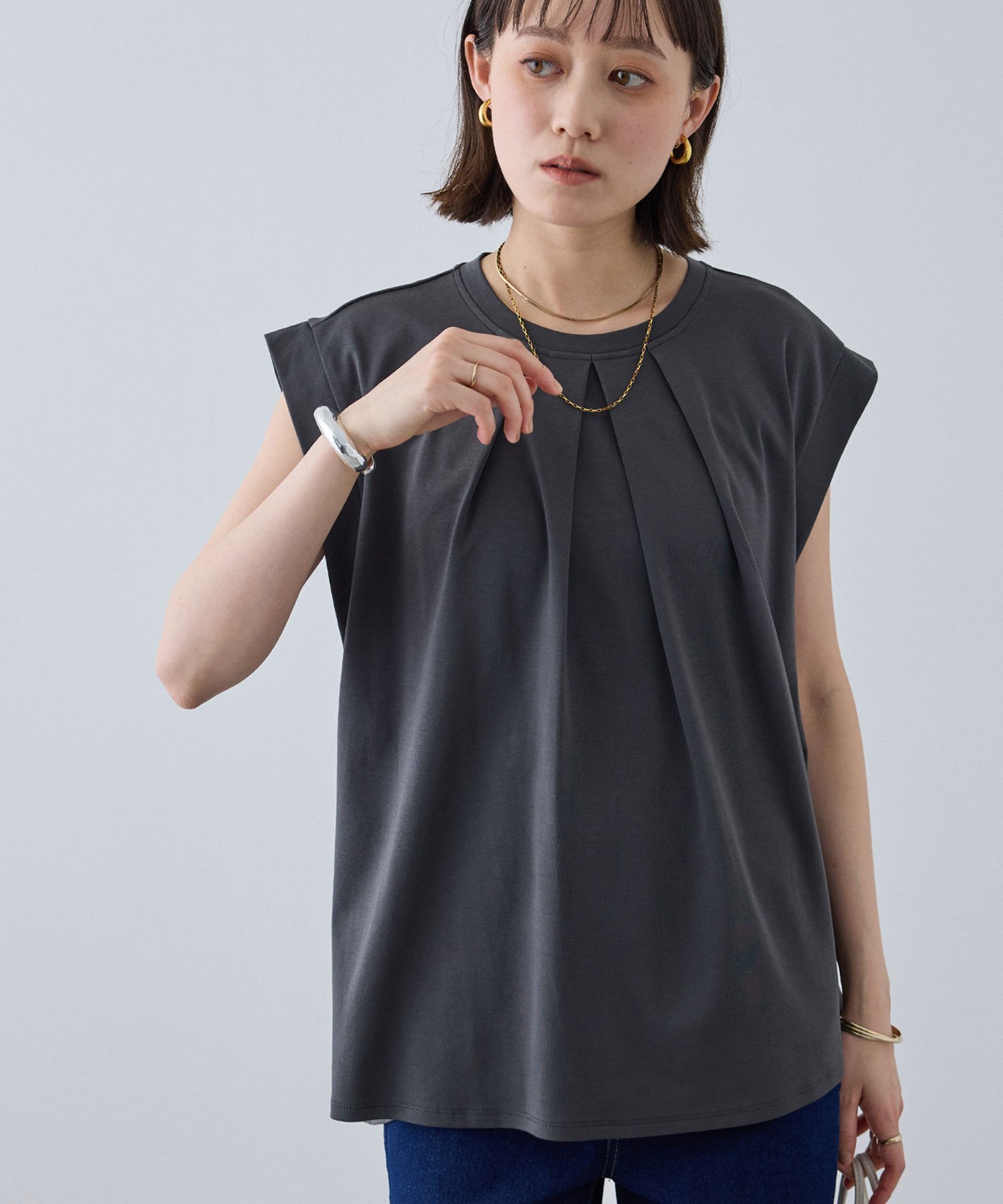 《汗染み防止》エブ楽 天竺フロントタックノースリーブTシャツ クロスマルシェ トップス カットソー・Tシャツ グレー ホワイト