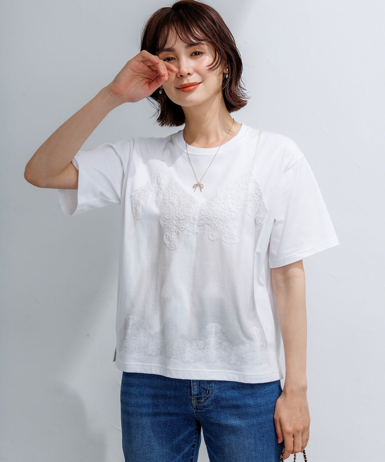 組曲 L 【WEB限定】トロンプルイユ レースキャミソール Tシャツ クミキョク トップス カットソー・Tシャツ ホワイト