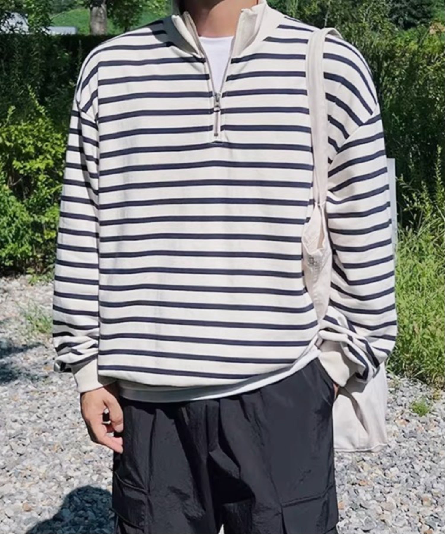 NOWLE NOWLE/(M)【NOWLE】ボーダー ハーフジップ プルオーバー リブ Tシャツ / カットソー チェルカ トップス カットソー・Tシャツ ホワイト
