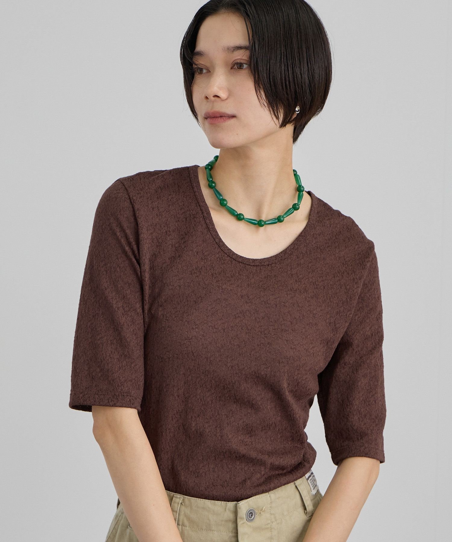 SALON adam et rope' コットンレーシージャガードハーフスリーブTシャツ サロン アダム エ ロペ トップス カットソー・Tシャツ グレー ブラウン ピンク