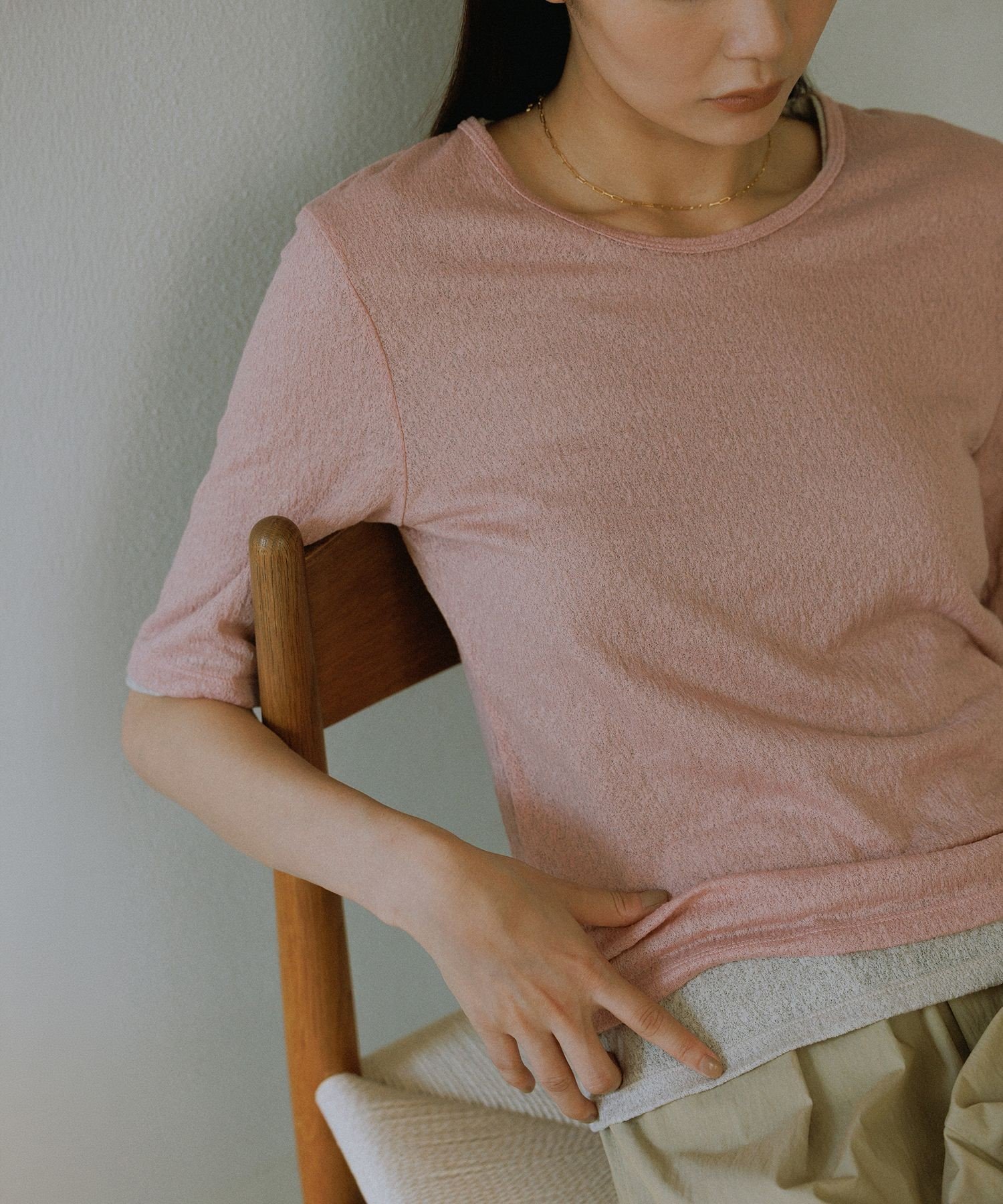 SALON adam et rope' コットンレーシージャガードハーフスリーブTシャツ サロン アダム エ ロペ トップス カットソー・Tシャツ グレー ブラウン ピンク