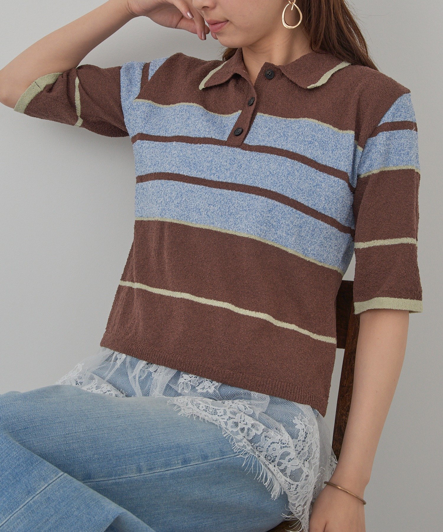 MAISON BREEZE reveur MAISON BREEZE reveur/ブークレボーダーニットラガーシャツ trc セットアップセブン トップス ニット ブラウン ブラック グレー