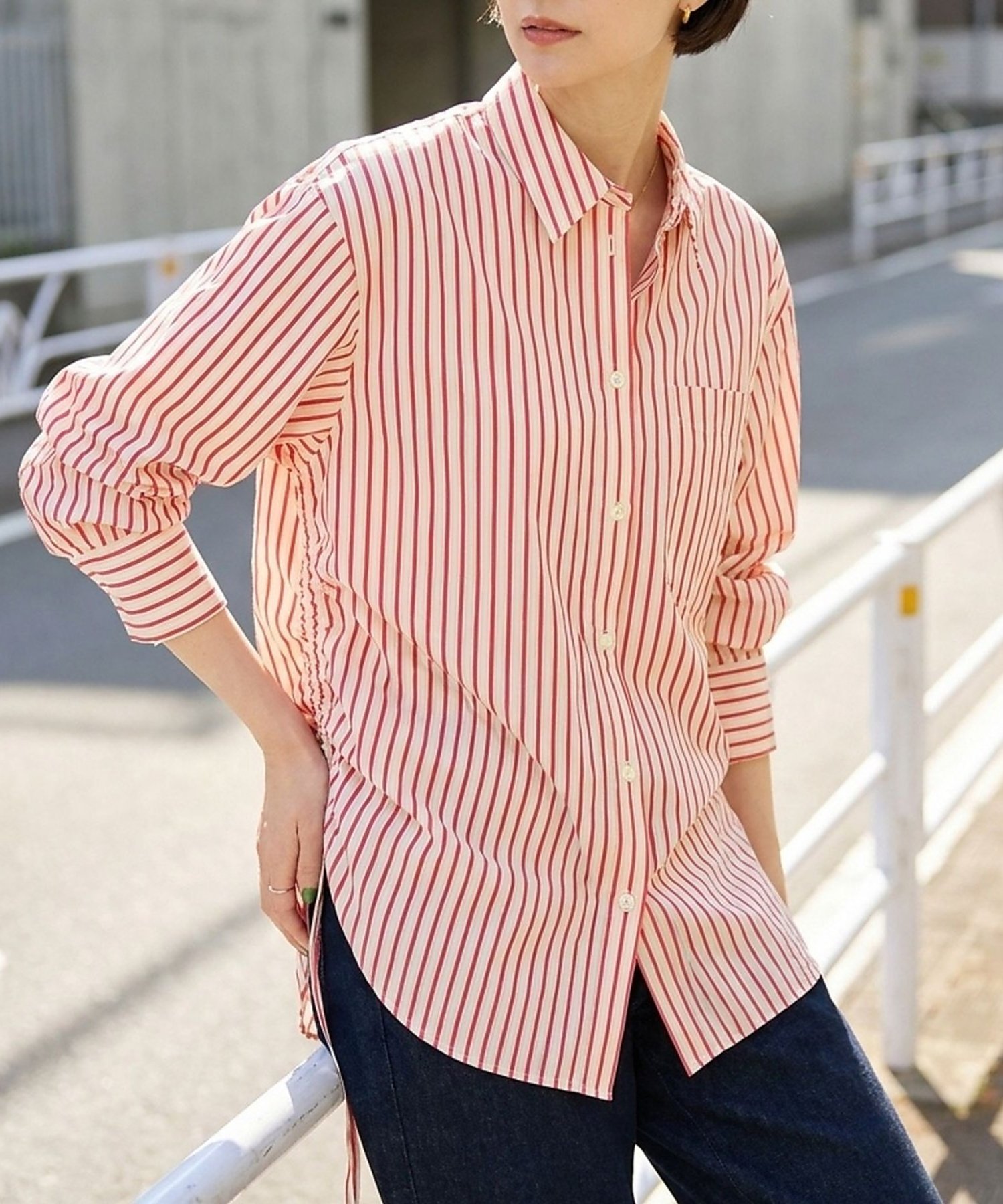 Rouge vif la cle ストライプサイドドロストシャツ【予約】 ルージュ・ヴィフ ラクレ トップス シャツ・ブラウス レッド ブラウン