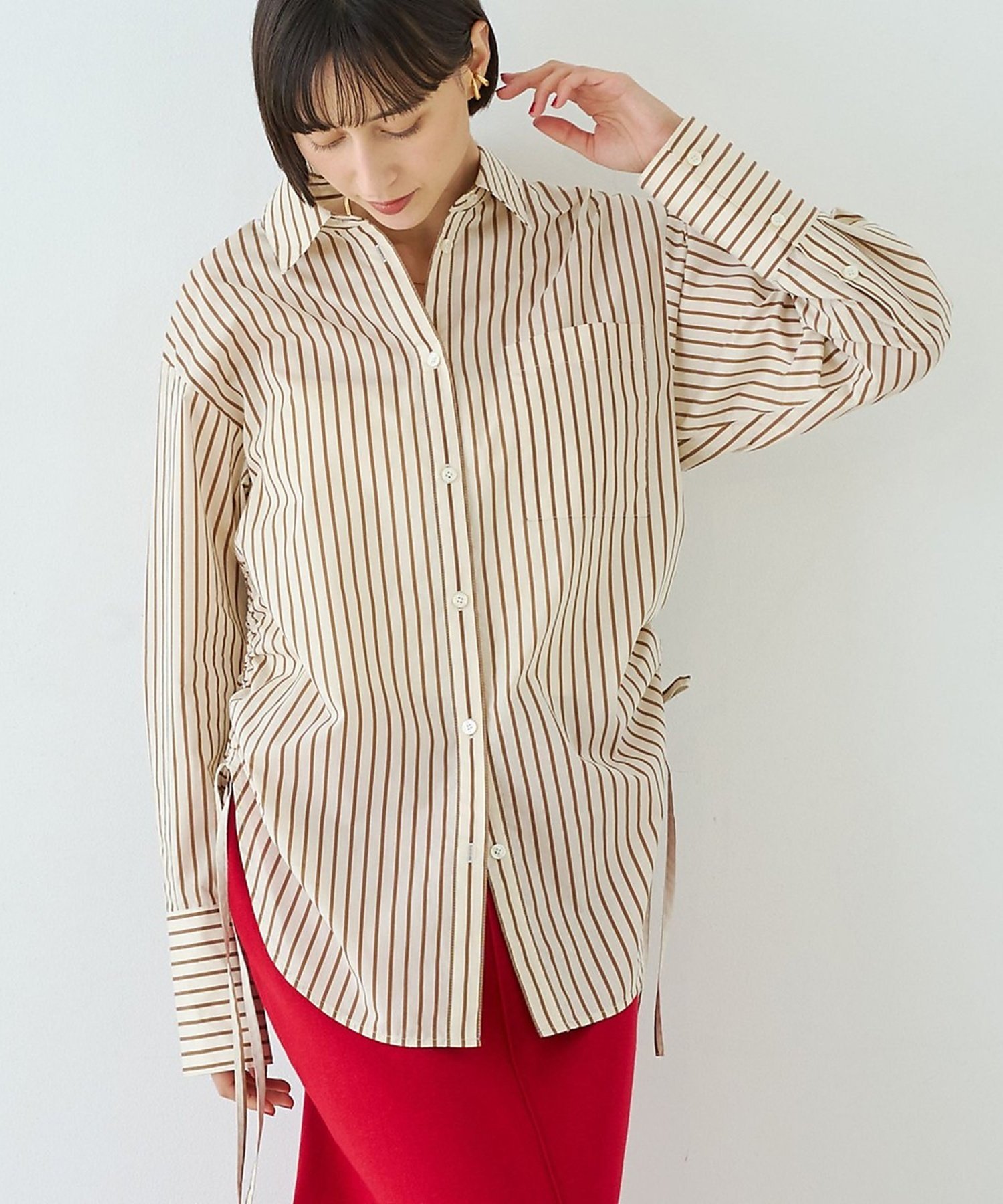 Rouge vif la cle ストライプサイドドロストシャツ【予約】 ルージュ・ヴィフ ラクレ トップス シャツ・ブラウス レッド ブラウン