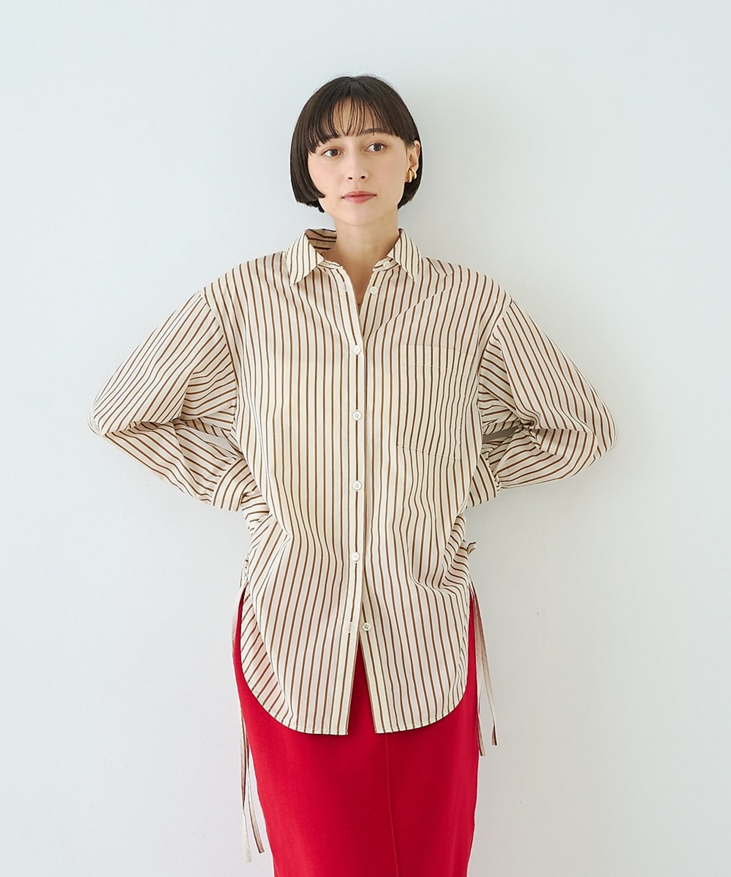 Rouge vif la cle ストライプサイドドロストシャツ【予約】 ルージュ・ヴィフ ラクレ トップス シャツ・ブラウス レッド ブラウン