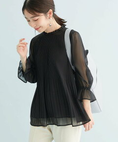 【SALE／30%OFF】VIS 【新色追加】ドット/無地シフォンプリーツスタンドブラウス ビス トップス シャツ・ブラウス ブラック ホワイト ベージュ グリーン ブルー ピンク オレンジ