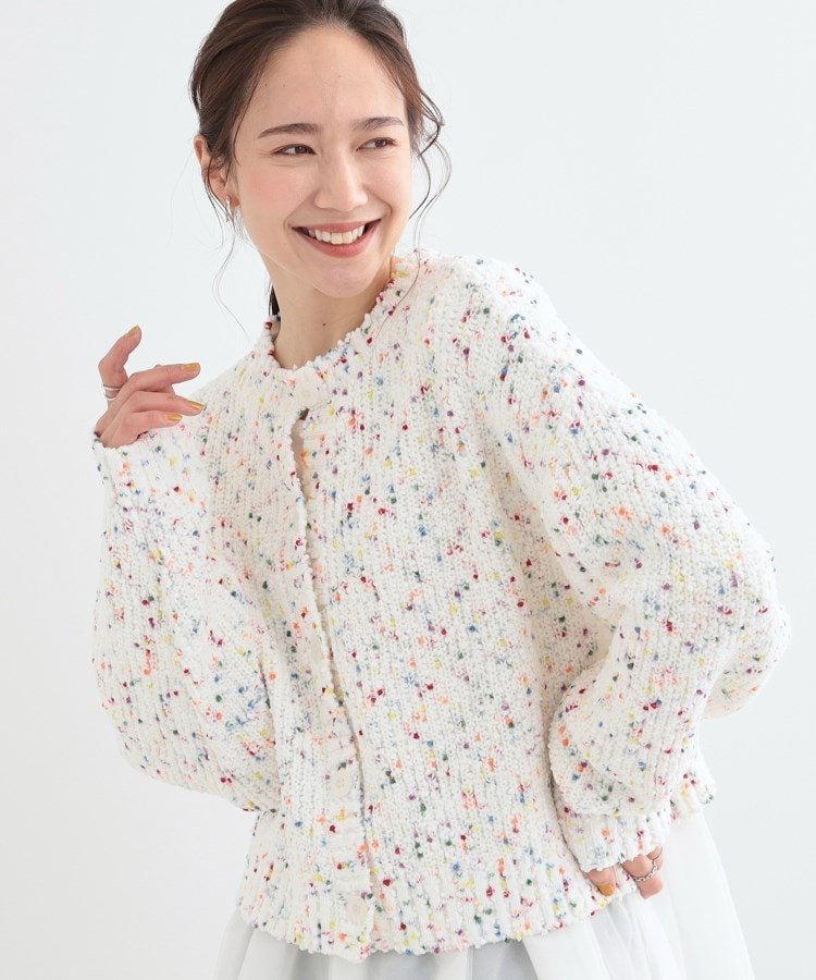 SHOO・LA・RUE 【前後2WAY/コンパクト丈】ぽこぽこ MIXニットカーディガン シューラルー トップス カーディガン ホワイト グレー【送料無料】