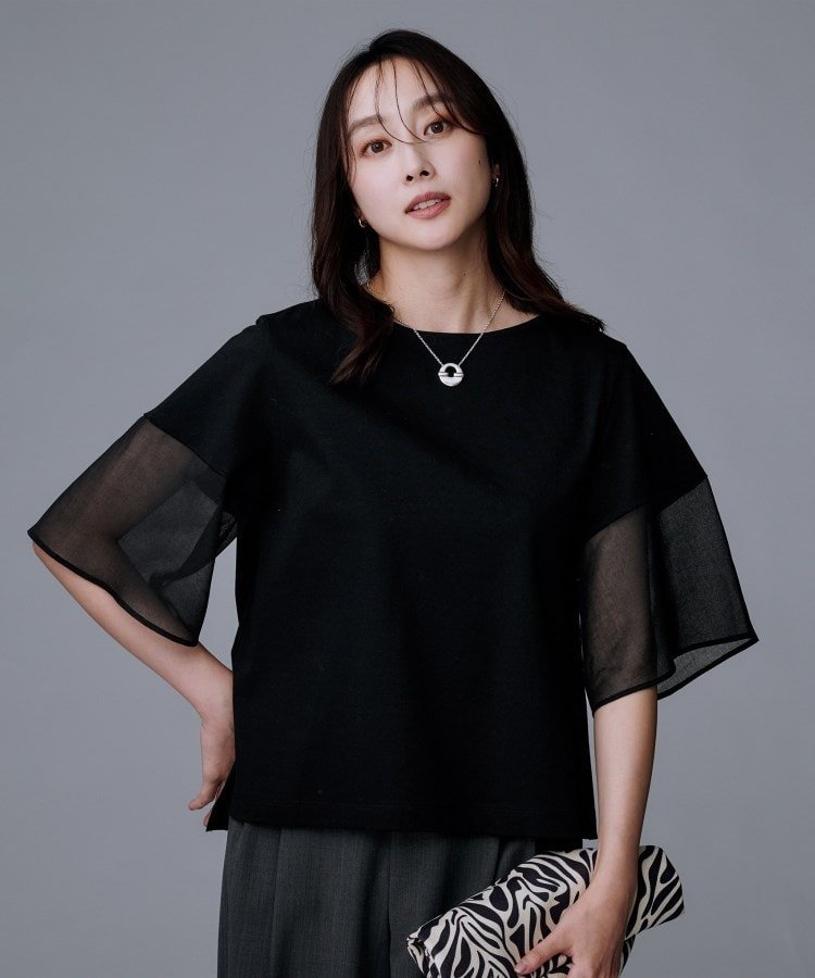 UNTITLED 【洗える/五分袖】シアースリーブ プルオーバー アンタイトル トップス カットソー・Tシャツ ホワイト ブラック ネイビー